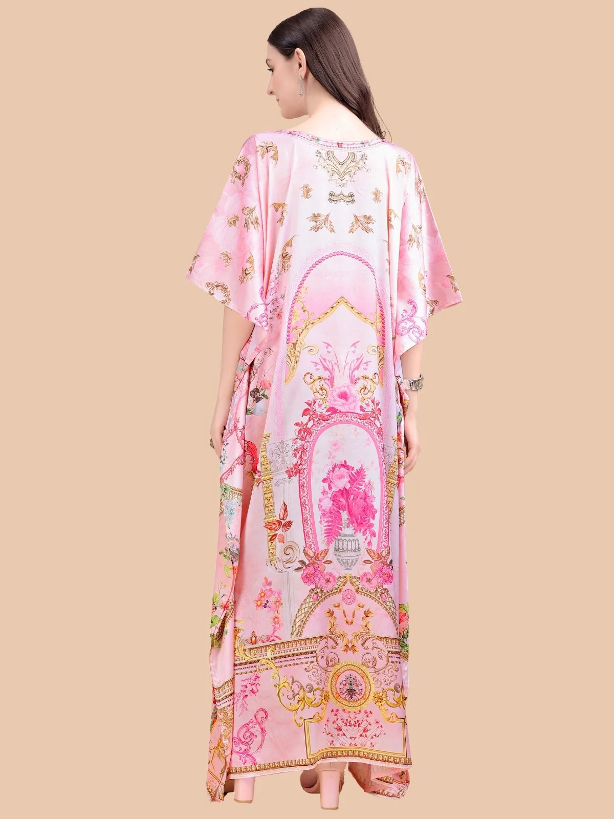 Odette Light Pink Satin Printed Kaftan For Women - Image 3