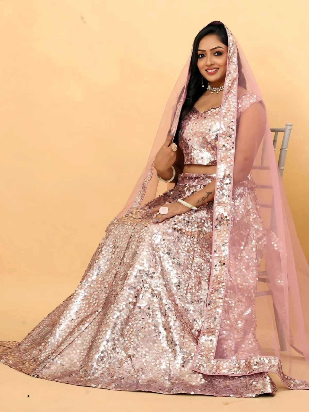 Odette Light Pink Satin Slik Embellished Semi-Stitched Lehenga For Women - Image 5