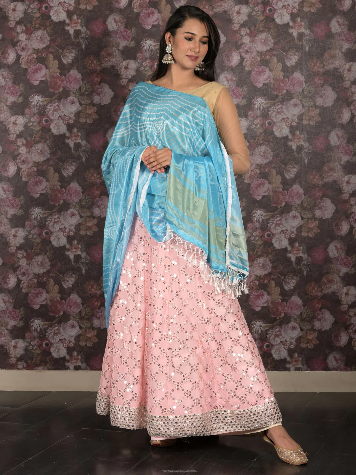 Odette Light Pink Sequins Embroidered Lehenga Set With Dupatta And Unstitched Blouse For Women - Image 2