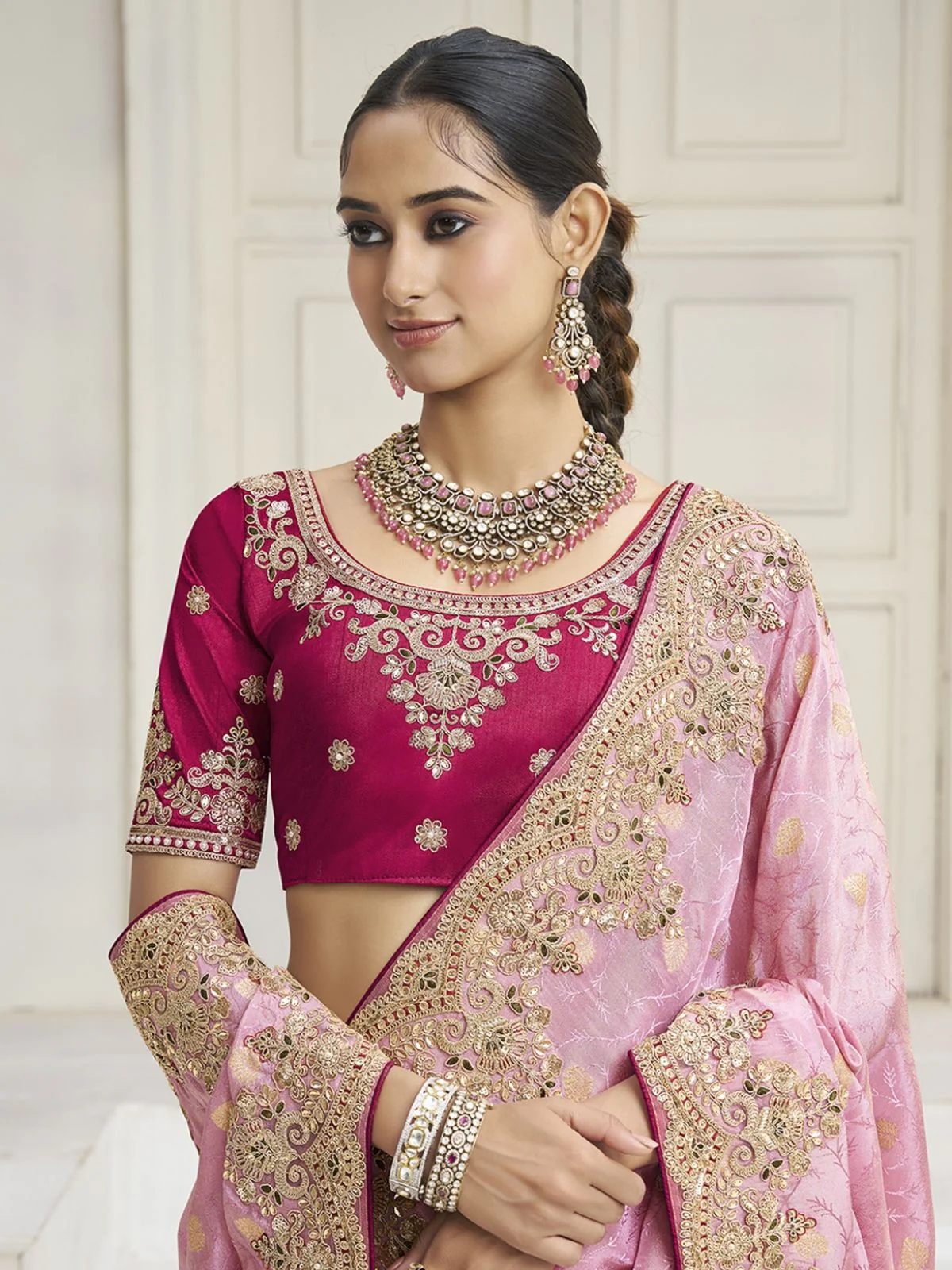 Odette Light Pink Silk Blend Embroidered Saree For Women - Image 2