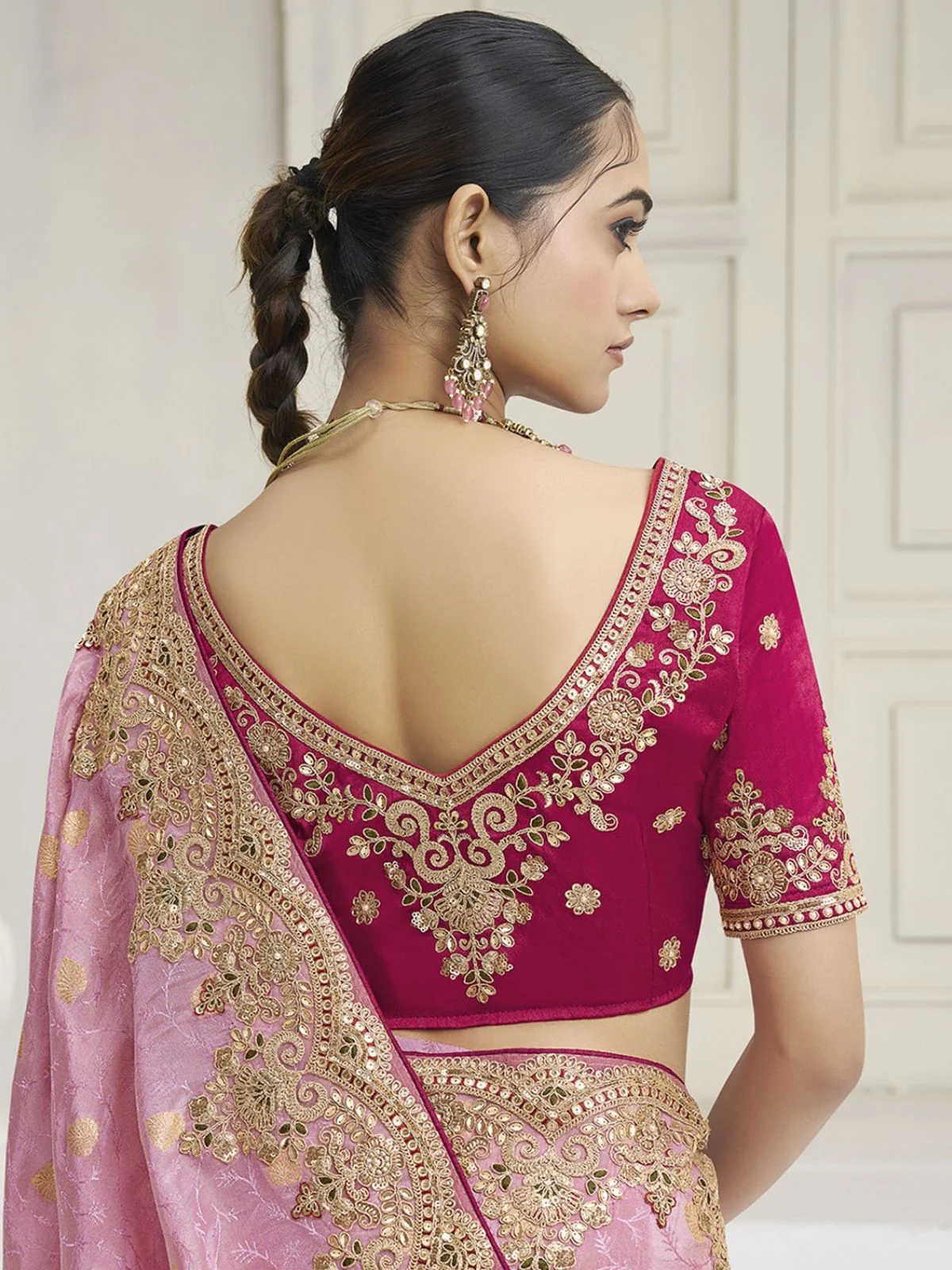 Odette Light Pink Silk Blend Embroidered Saree For Women - Image 3