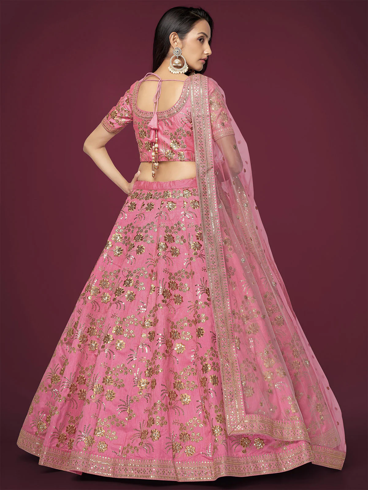 Odette Light Pink Silk Blend Embroidered Semi Stitched Lehenga With Unstitched Blouse For Women - Image 3