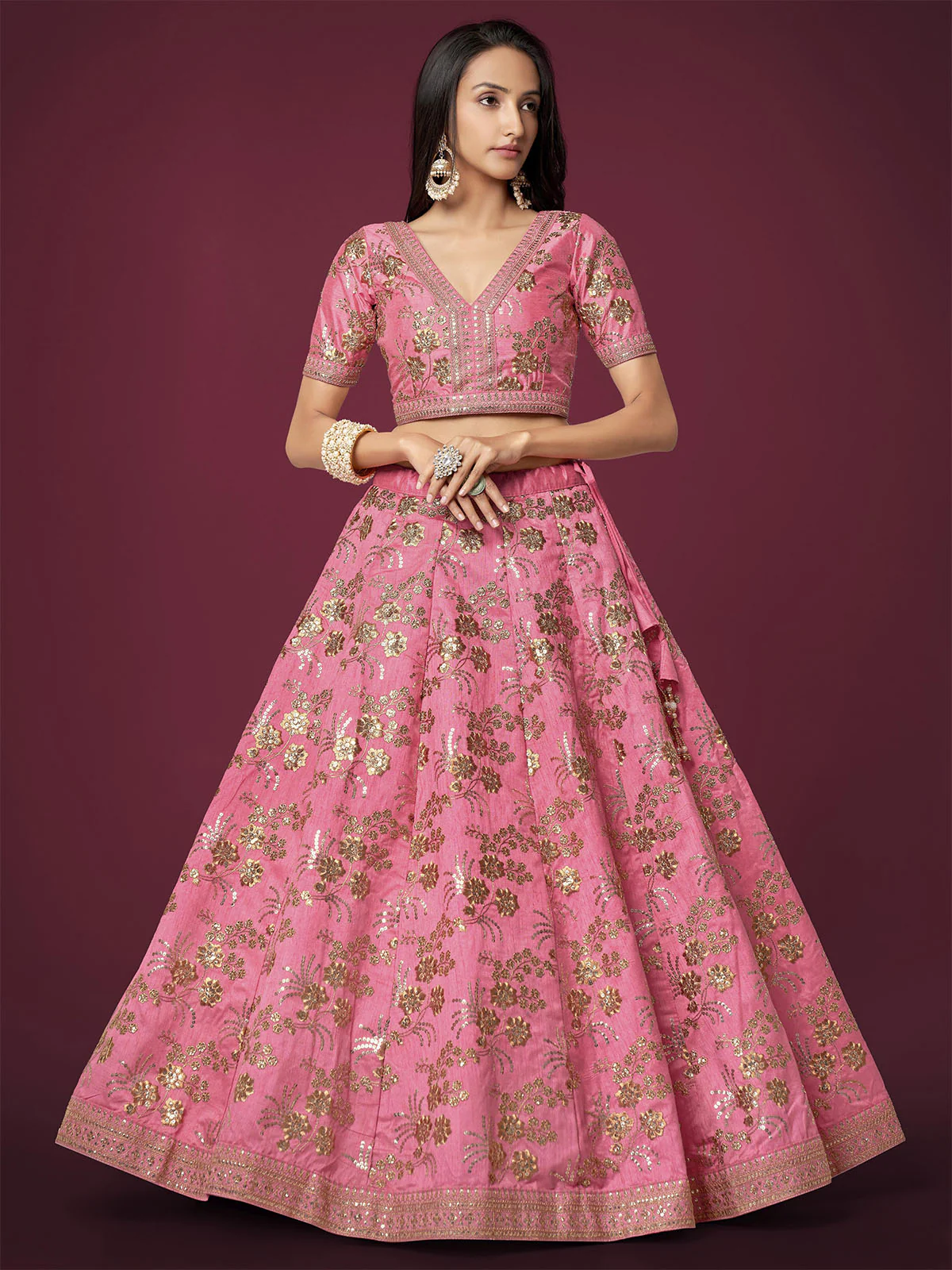 Odette Light Pink Silk Blend Embroidered Semi Stitched Lehenga With Unstitched Blouse For Women - Image 4