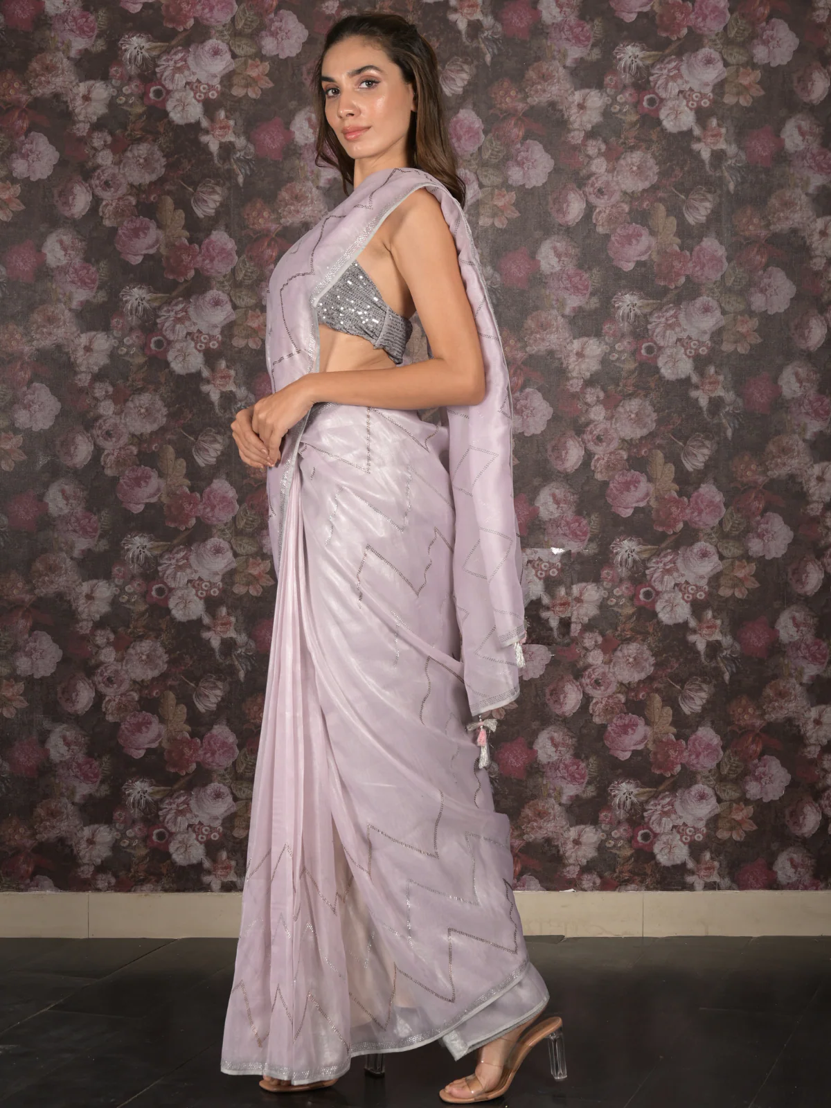 Odette Light Pink Soft Net Embellished Saree with Unstitched Blouse for Women - Image 3