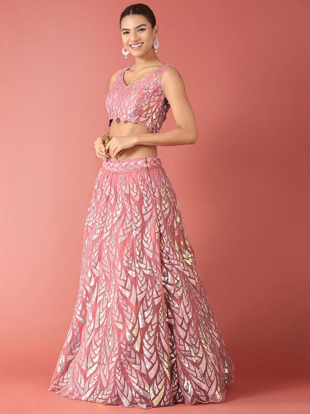 Odette Light Pink Soft Net Embellished Semi Stitched Lehenga With Unstitched Blouse For Women - Image 2