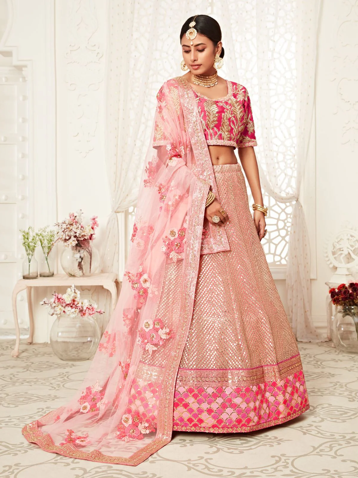 Odette Light Pink Soft Net  Embroidered Semi Stitched Lehenga With Unstitched Blouse For Women - Image 2