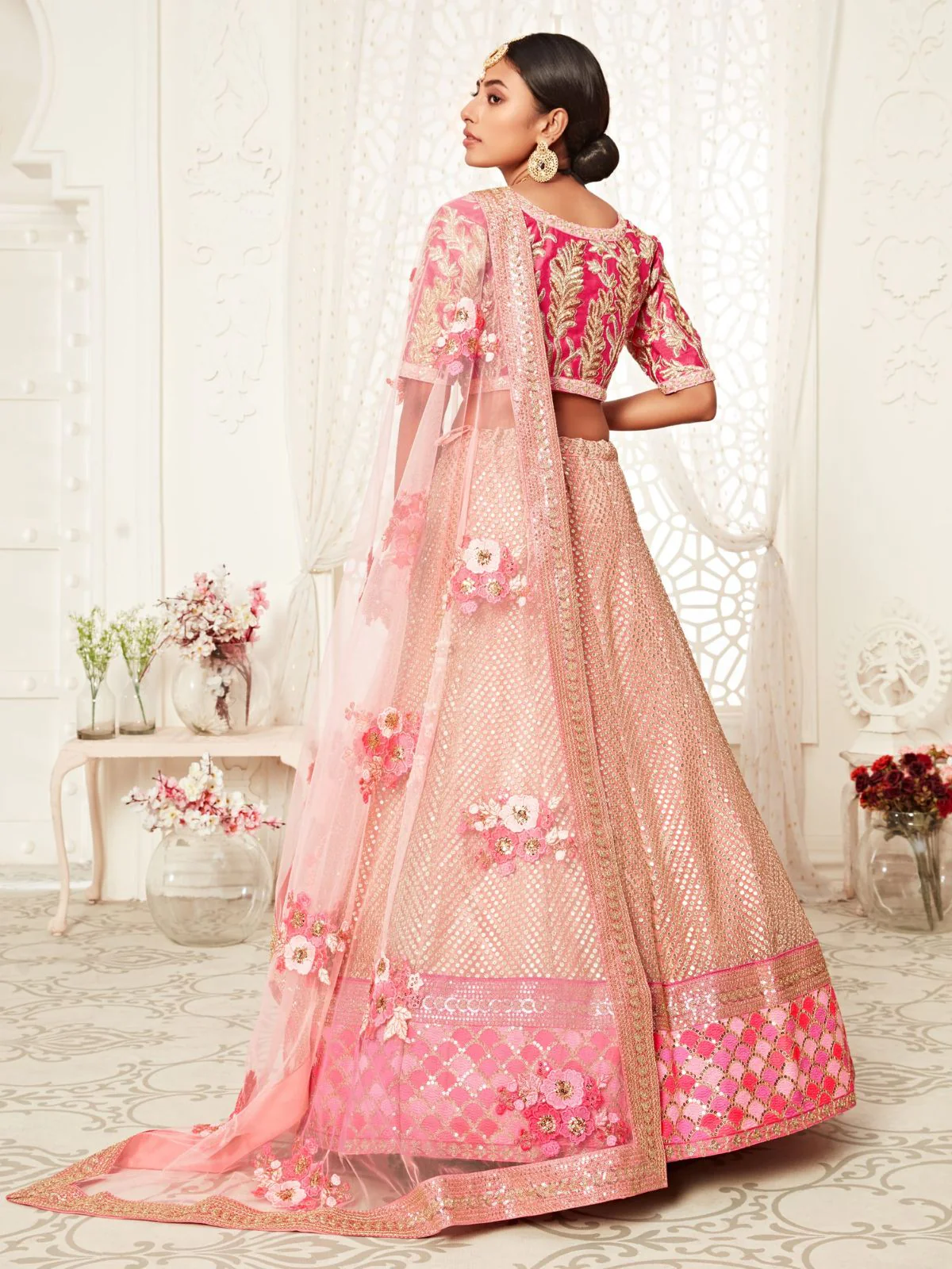 Odette Light Pink Soft Net  Embroidered Semi Stitched Lehenga With Unstitched Blouse For Women - Image 4