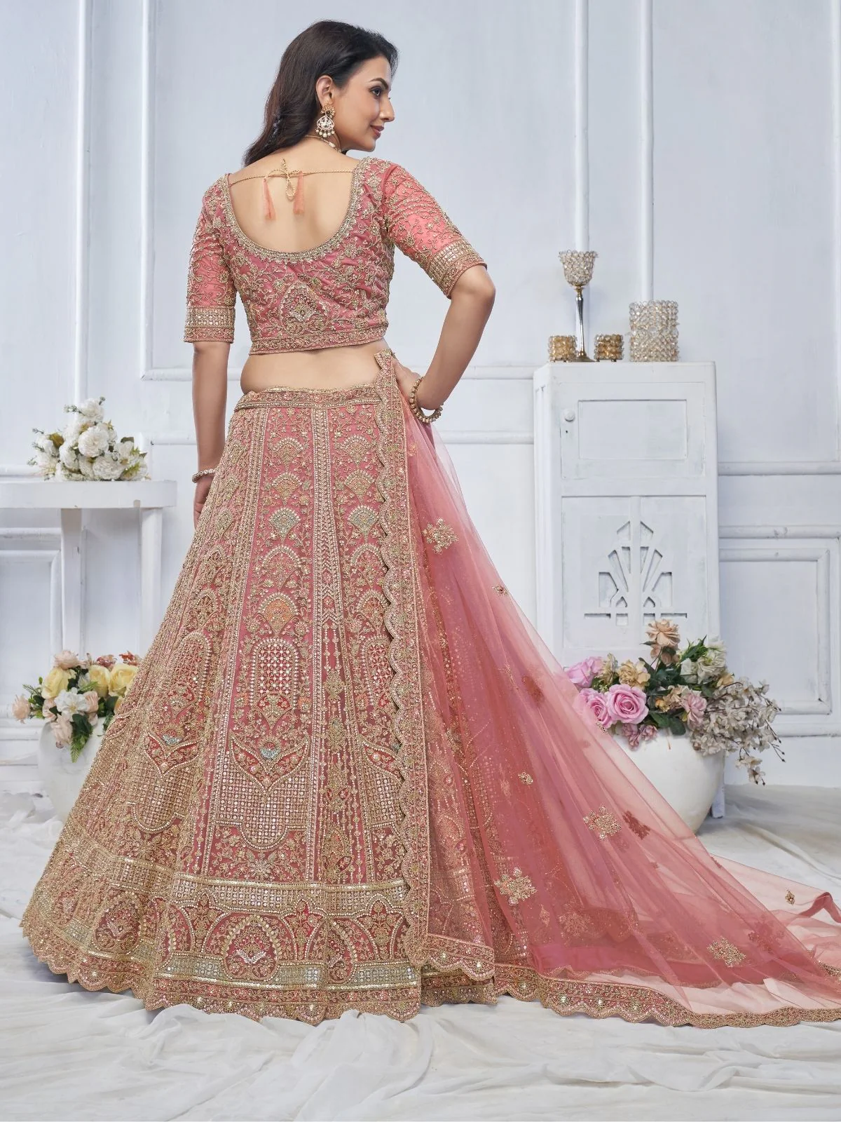 Odette Light Pink Soft Net Embroidered Semi-Stitched Lehenga With Unstitched Blouse For Women - Image 4