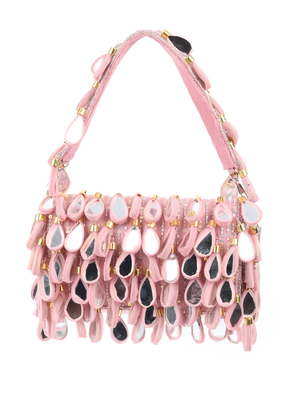 Odette Light Pink Suede Beads Tasseled Clutch With Mirror Work Hand Bag For Women - Image 3