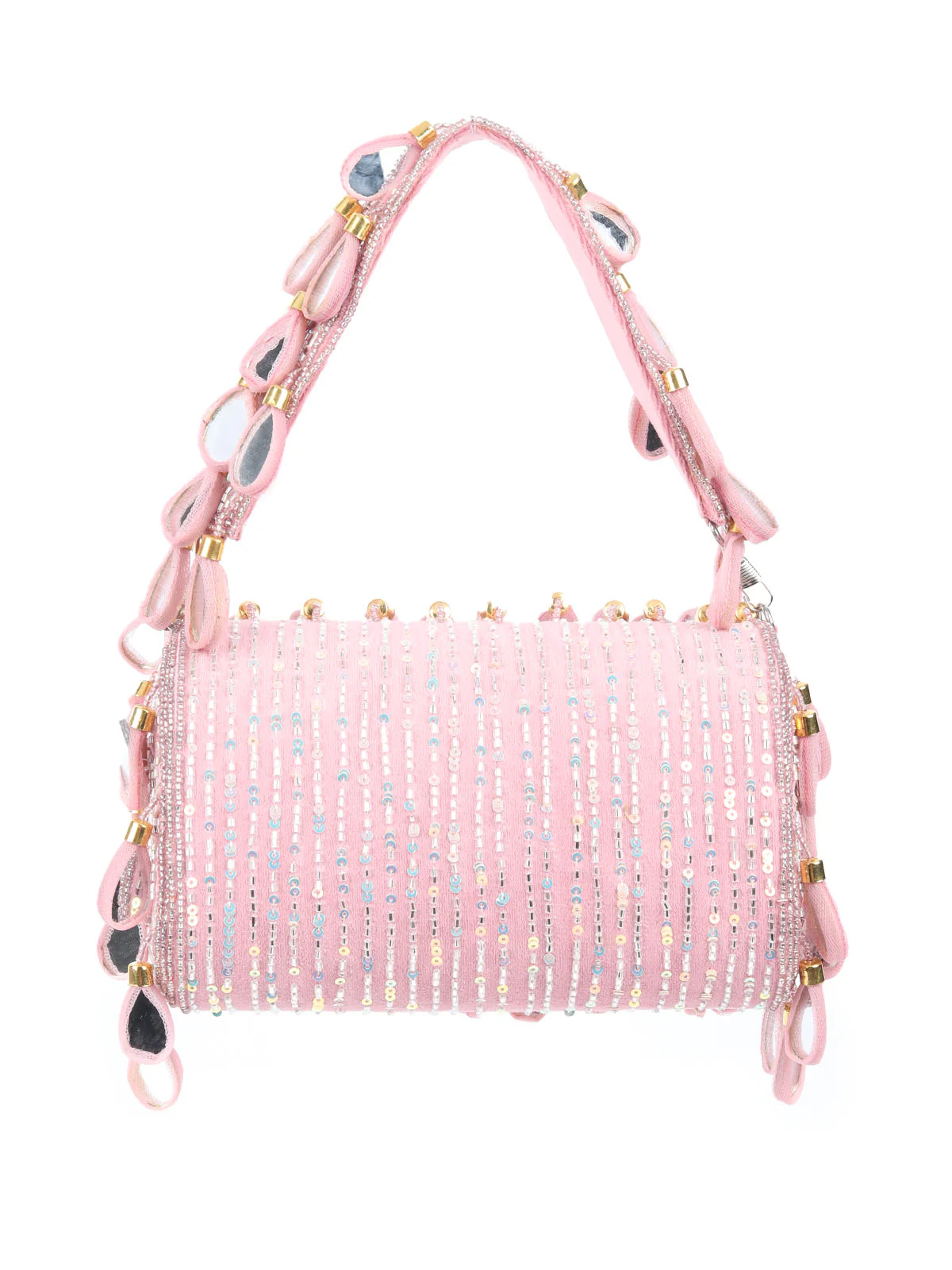 Odette Light Pink Suede Beads Tasseled Clutch With Mirror Work Hand Bag For Women - Image 5