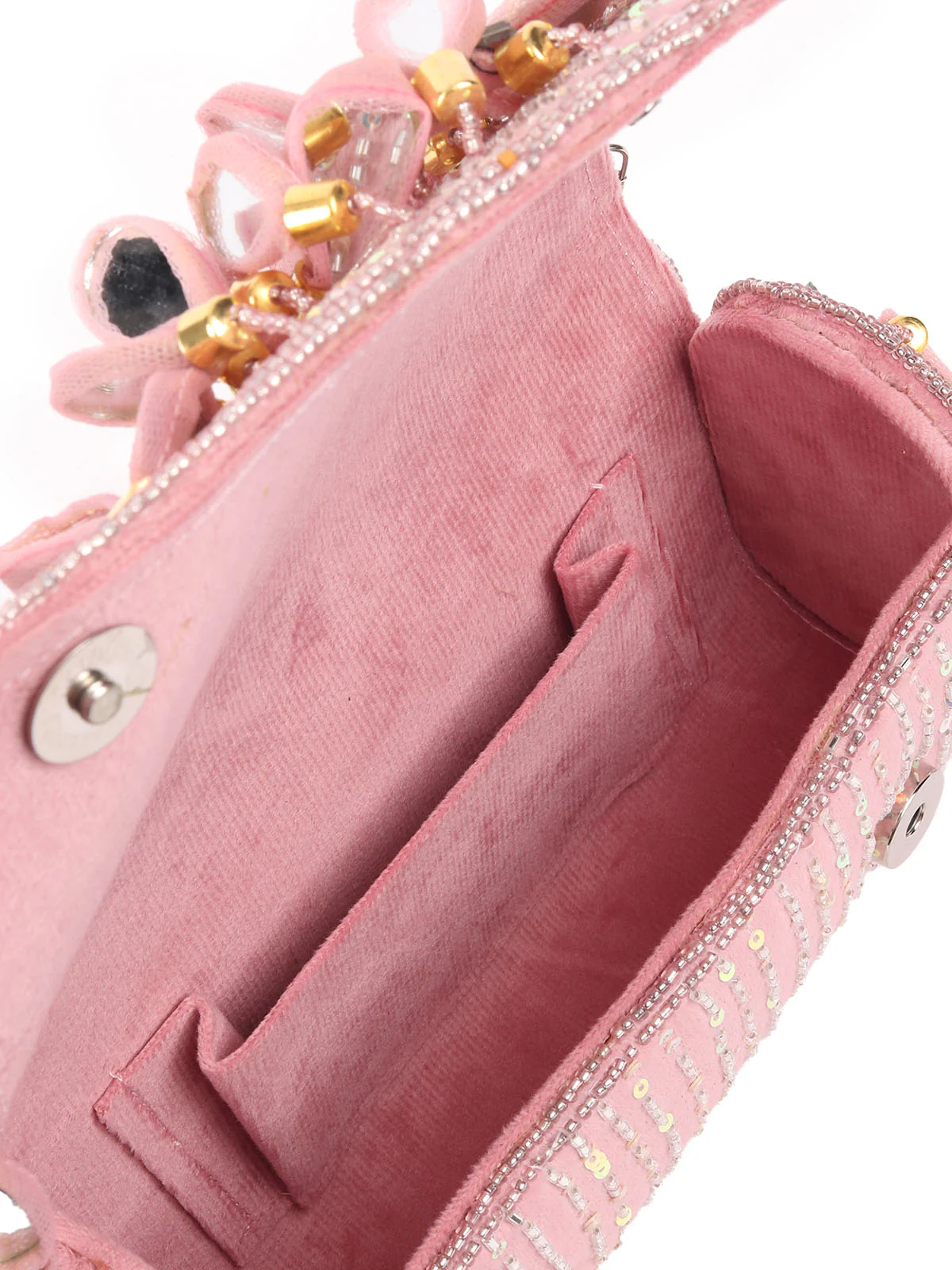 Odette Light Pink Suede Beads Tasseled Clutch With Mirror Work Hand Bag For Women - Image 6