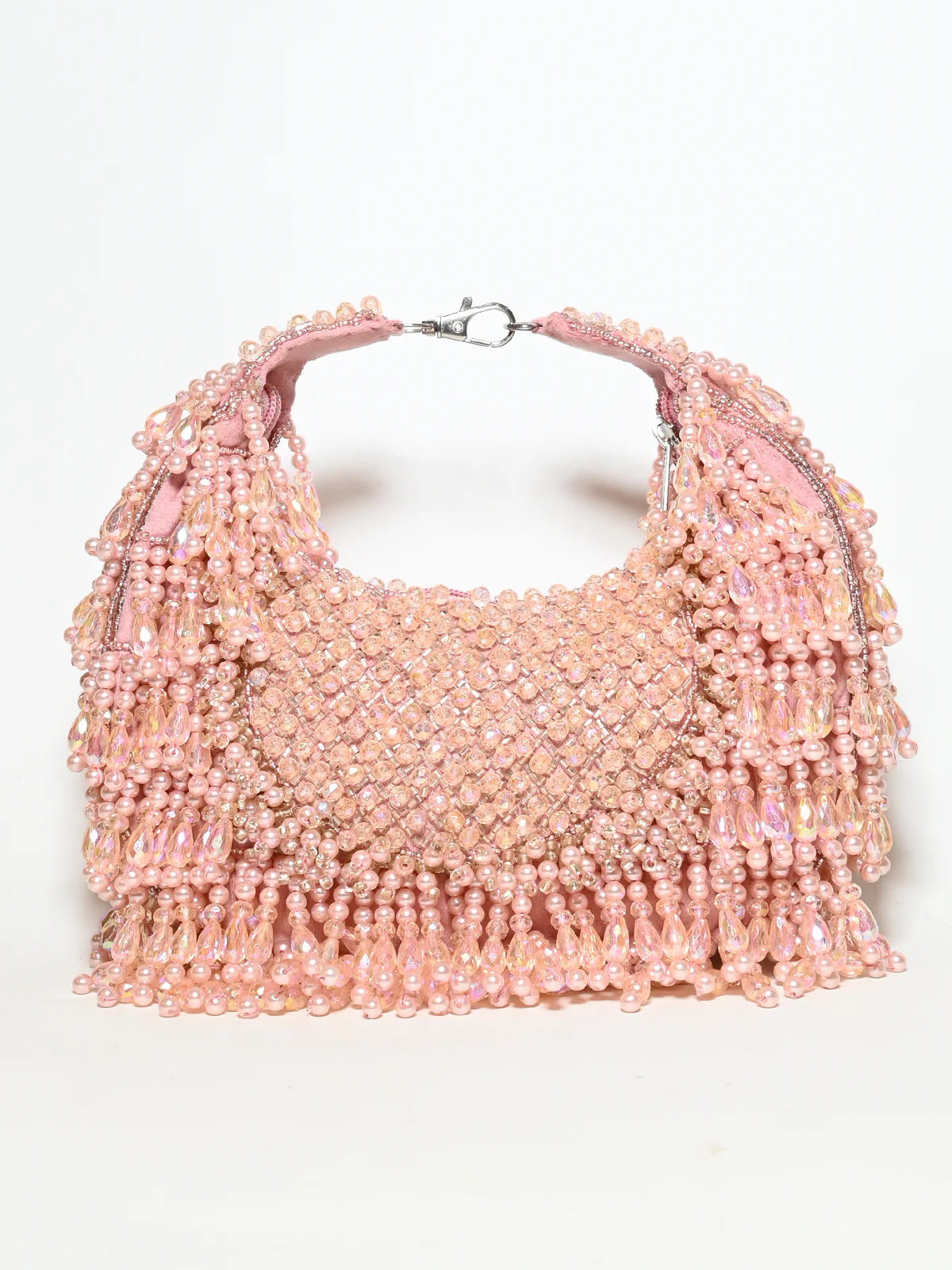 Odette Light Pink Suede Pearl And Stone Embellished Clutch For Women - Image 2