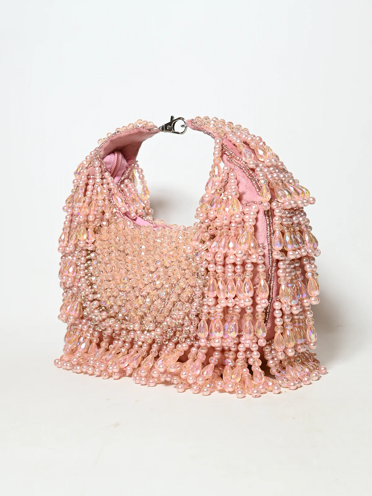 Odette Light Pink Suede Pearl And Stone Embellished Clutch For Women - Image 4
