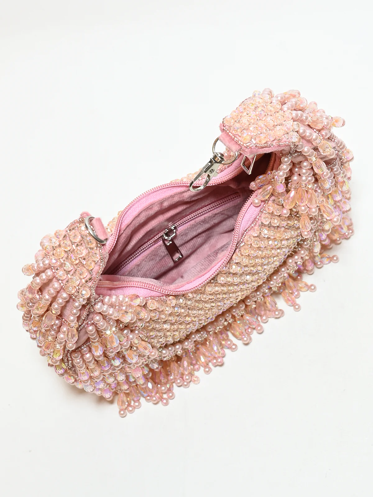 Odette Light Pink Suede Pearl And Stone Embellished Clutch For Women - Image 5