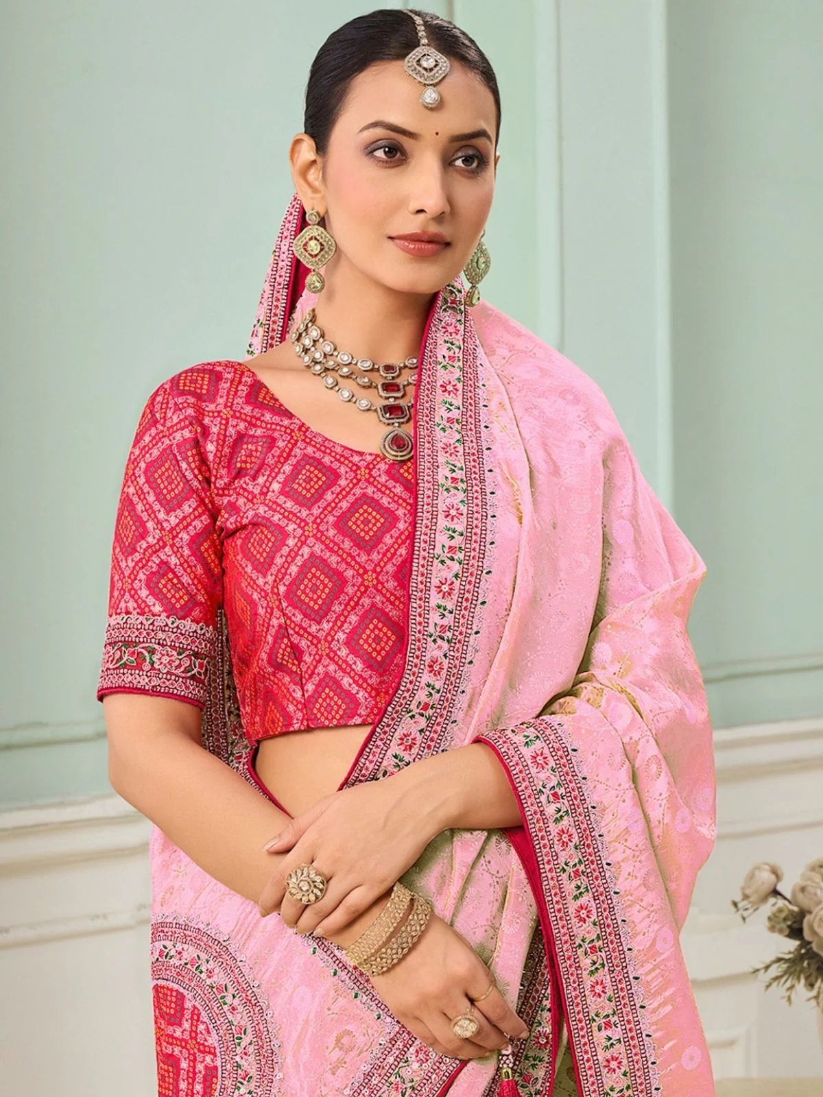 Odette Light Pink Viscose Embroidered Saree For Women - Image 2