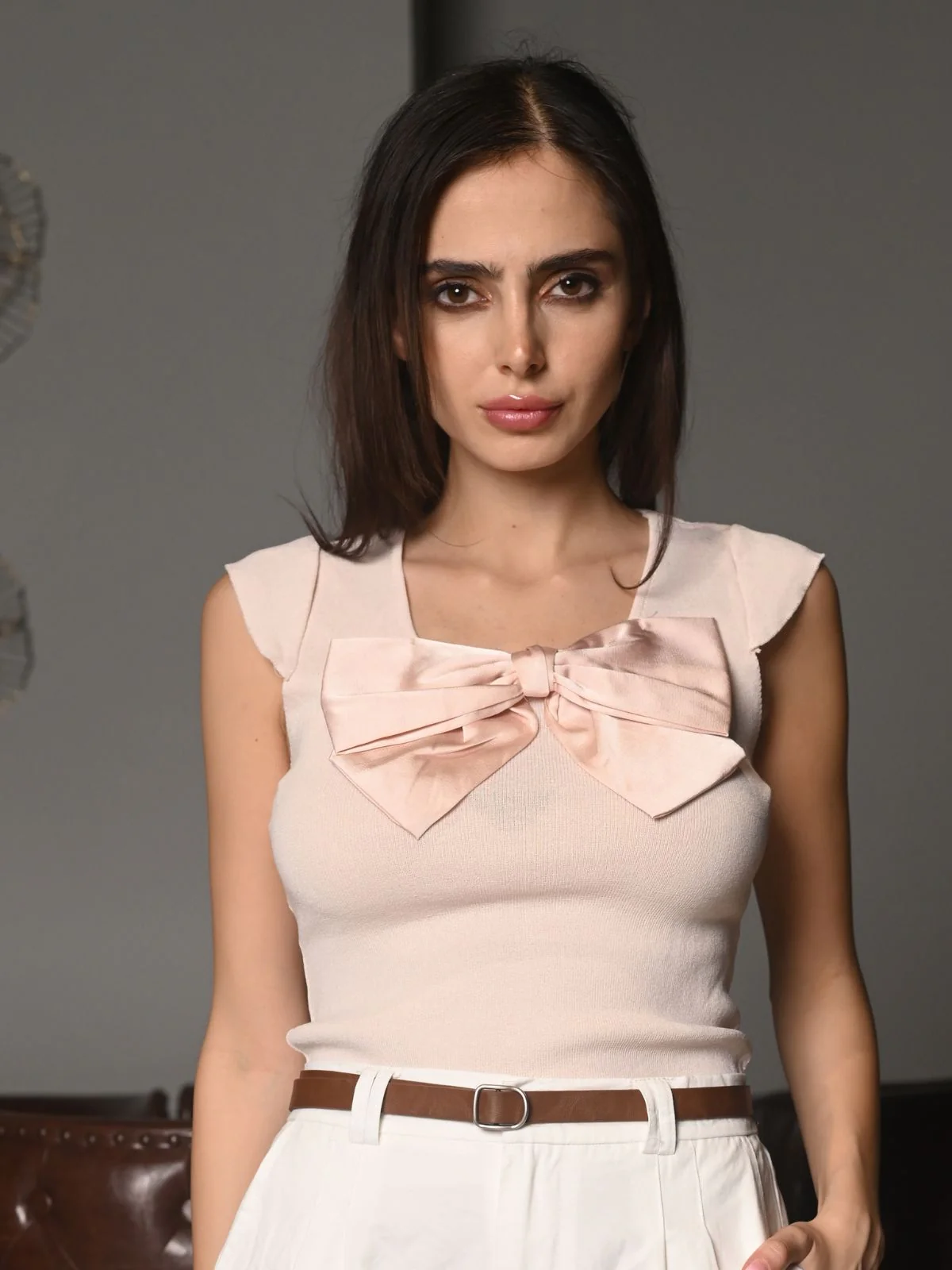 Odette Light Pink Viscose Rib Lycra Solid Top For Women - Image 4