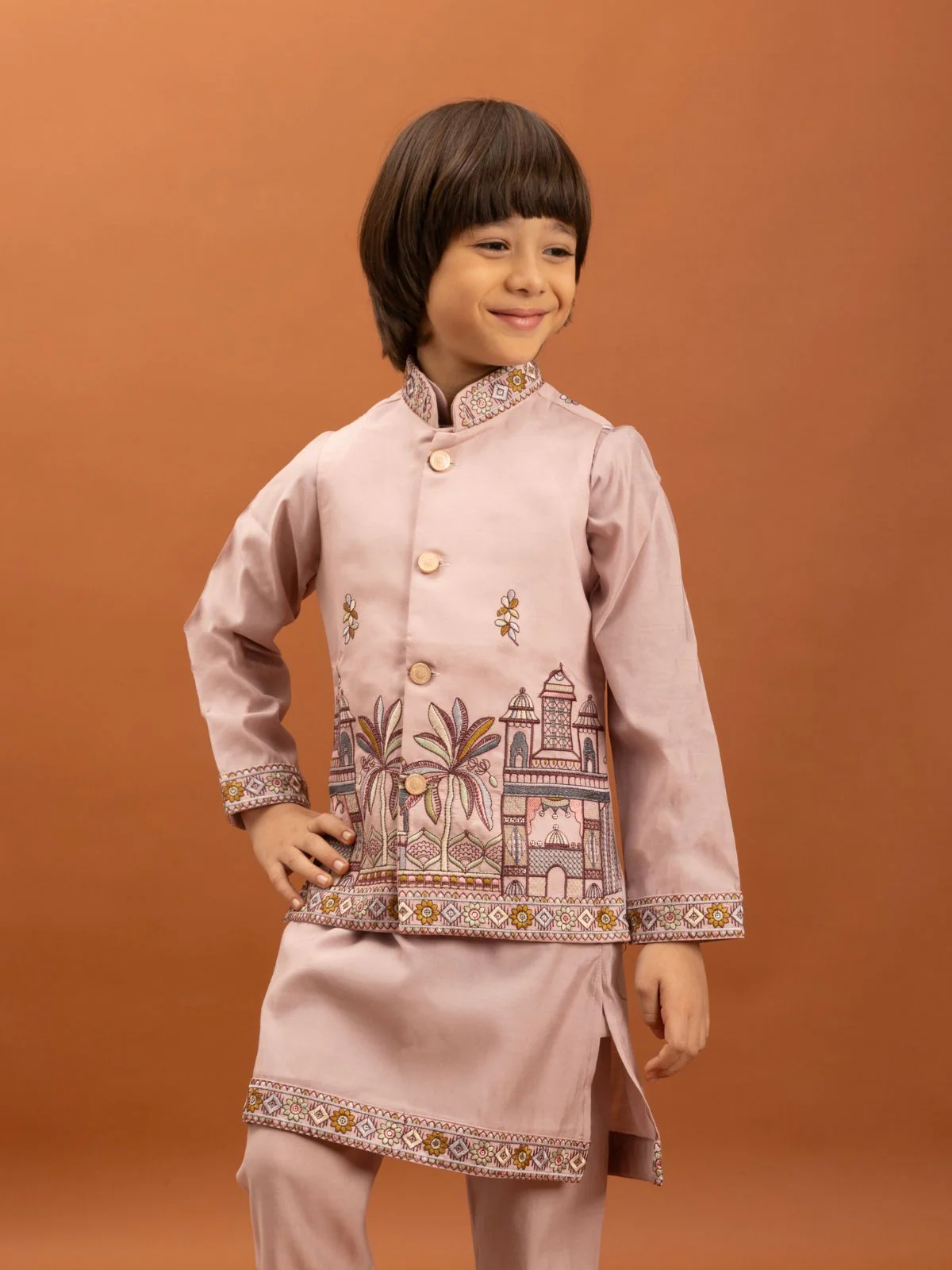 Odette Light Pink Viscose Silk Embroidered Stitched Kurta Set For Kids - Image 4