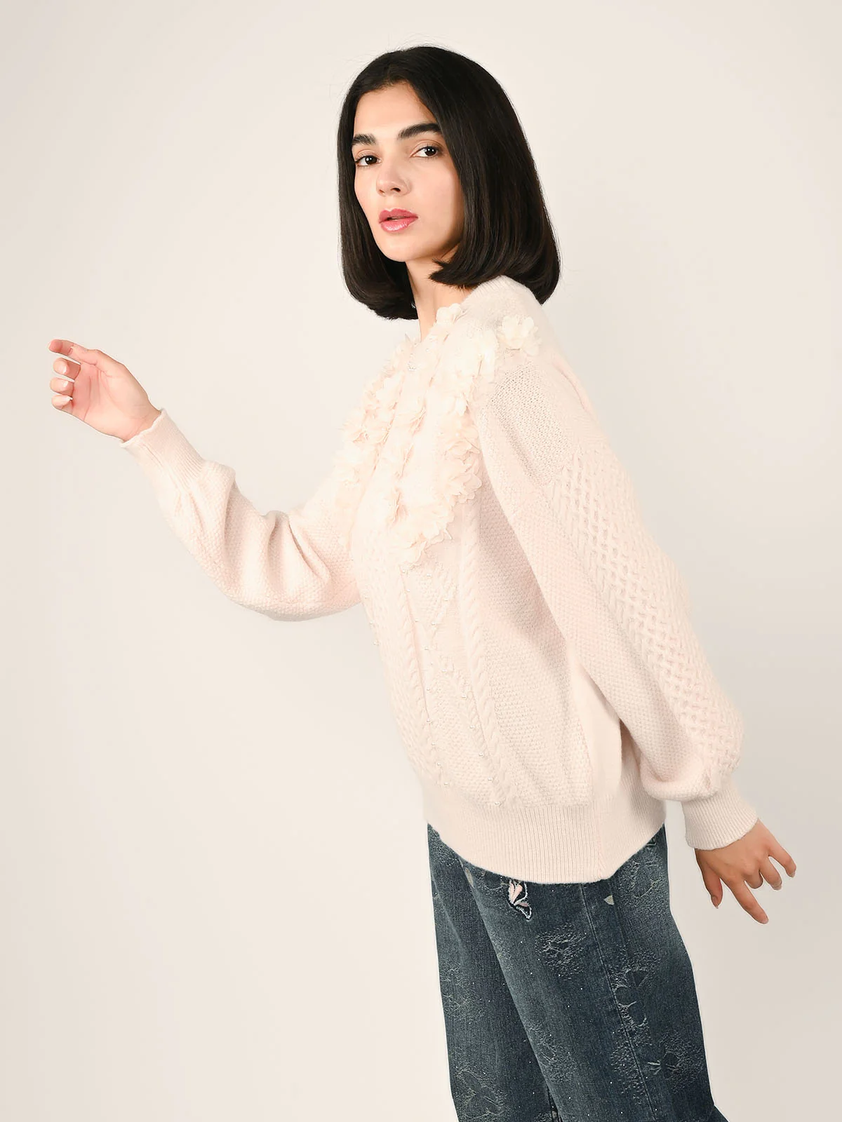 Odette Light Pink Wool Solid Top For Women - Image 3