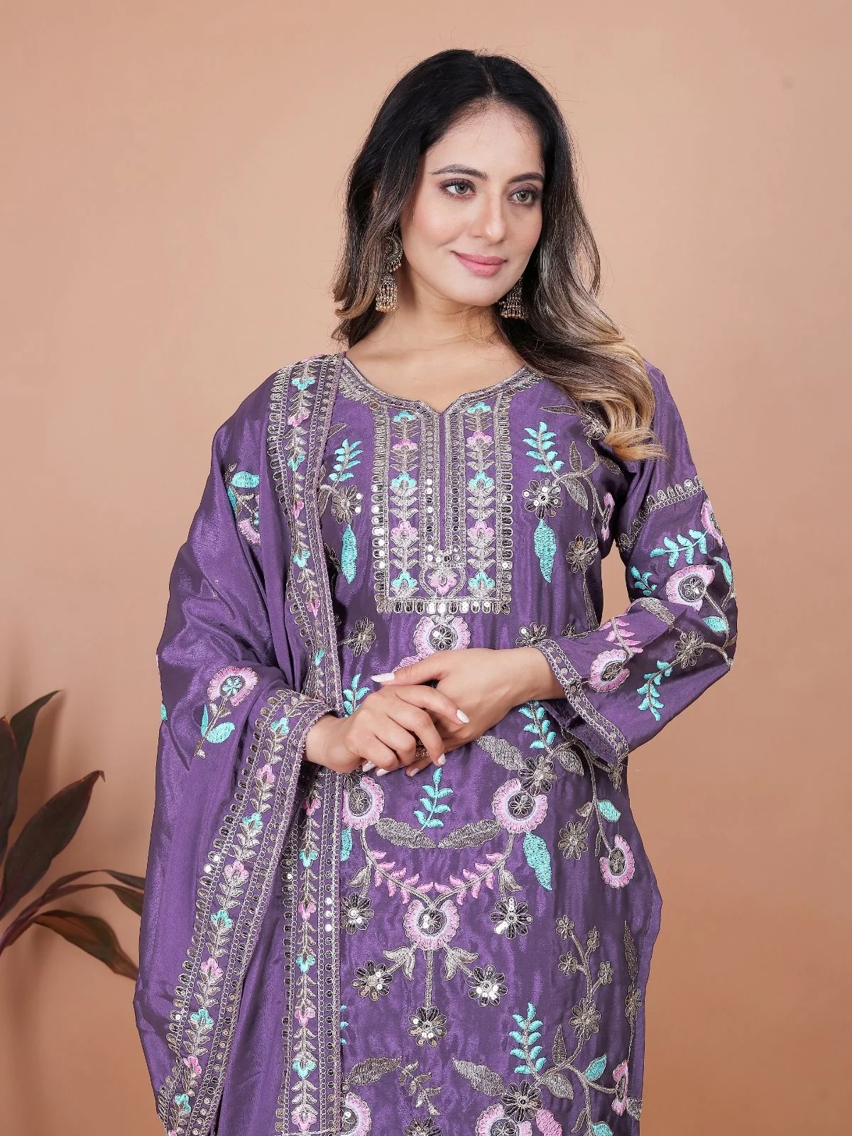 Odette Light Purple Chiffon Embroidered Stitched Kurta Set For Women - Image 3