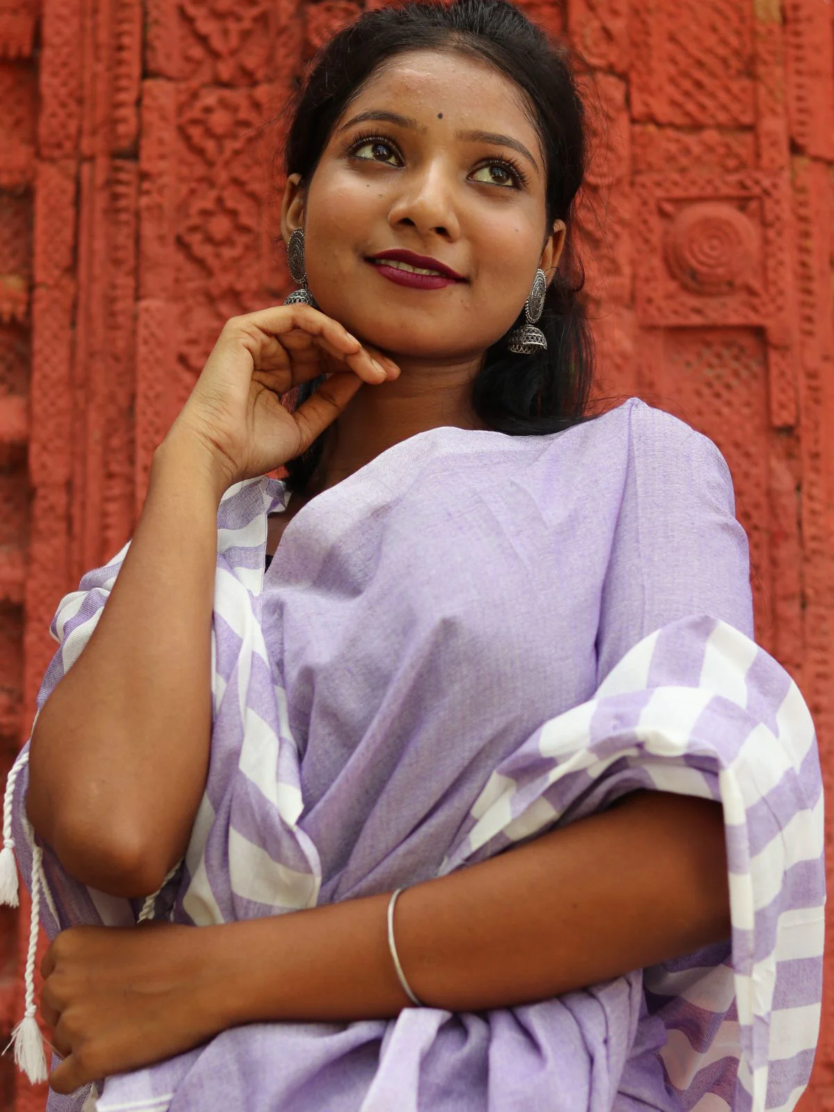 Odette Light Purple Cotton  Saree  With Unstitched Blouse for Women - Image 4