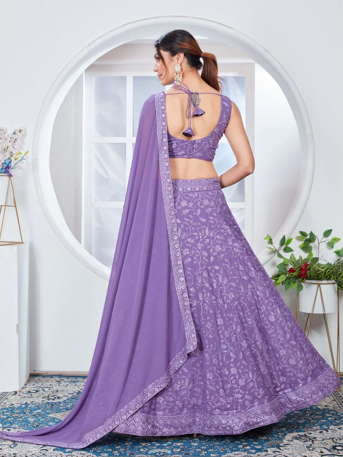 Odette Light Purple Georgette Embroidered Semi-Stitched Lehenga For Women - Image 2