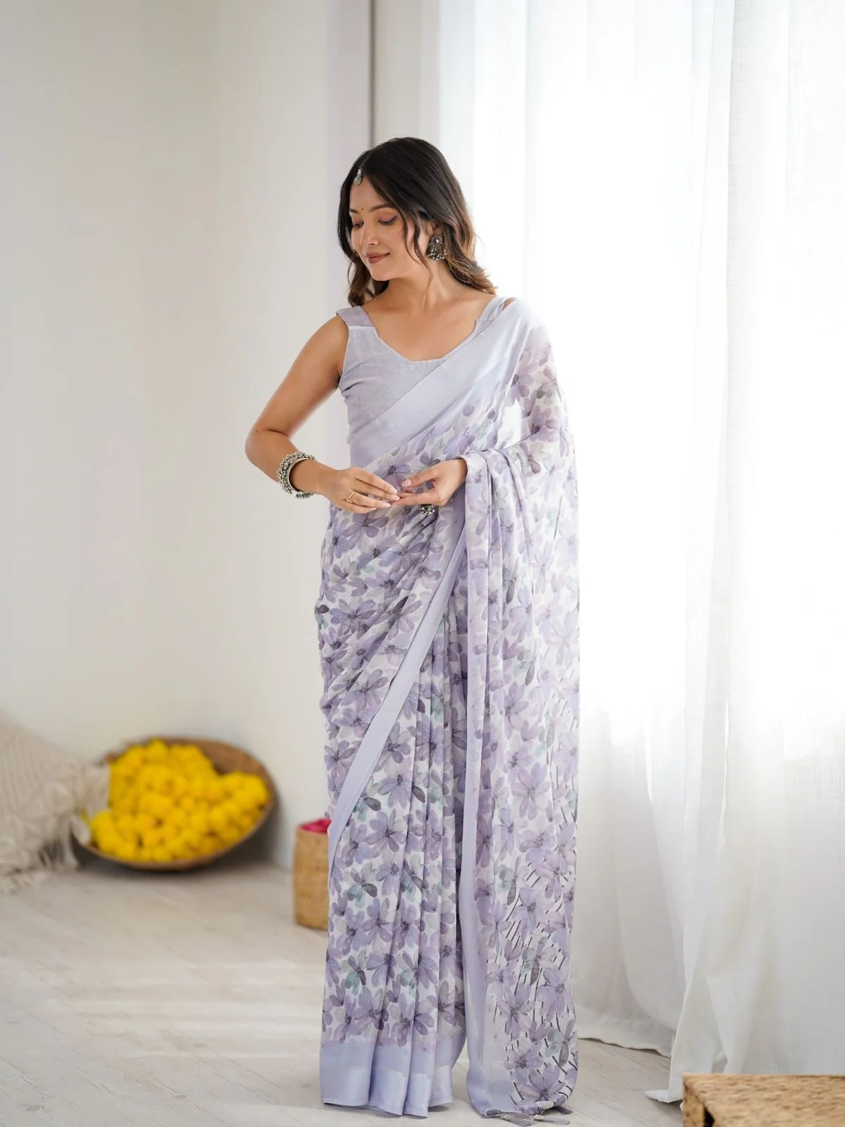 Odette Light Purple Linen Cotton Printed Saree For Women