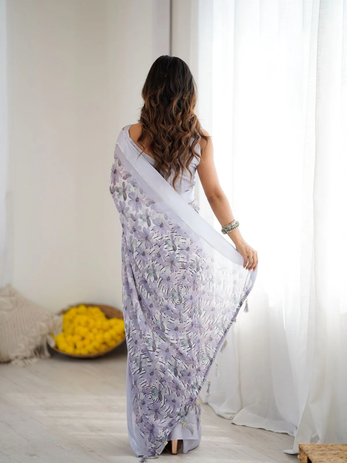Odette Light Purple Linen Cotton Printed Saree For Women - Image 3