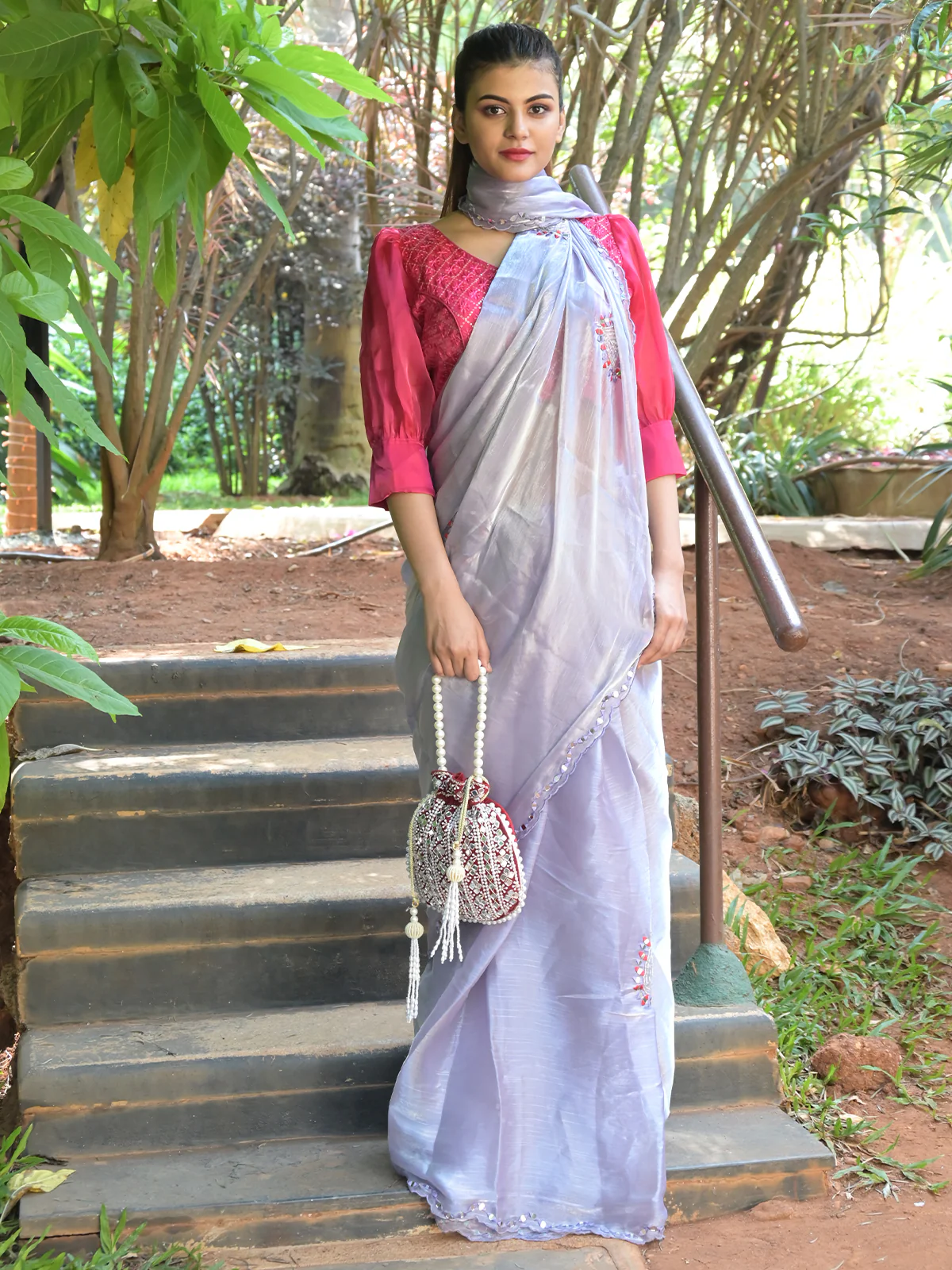 Odette Light Purple Mirror Work Embroidered Saree with Unstitched Blouse for Women