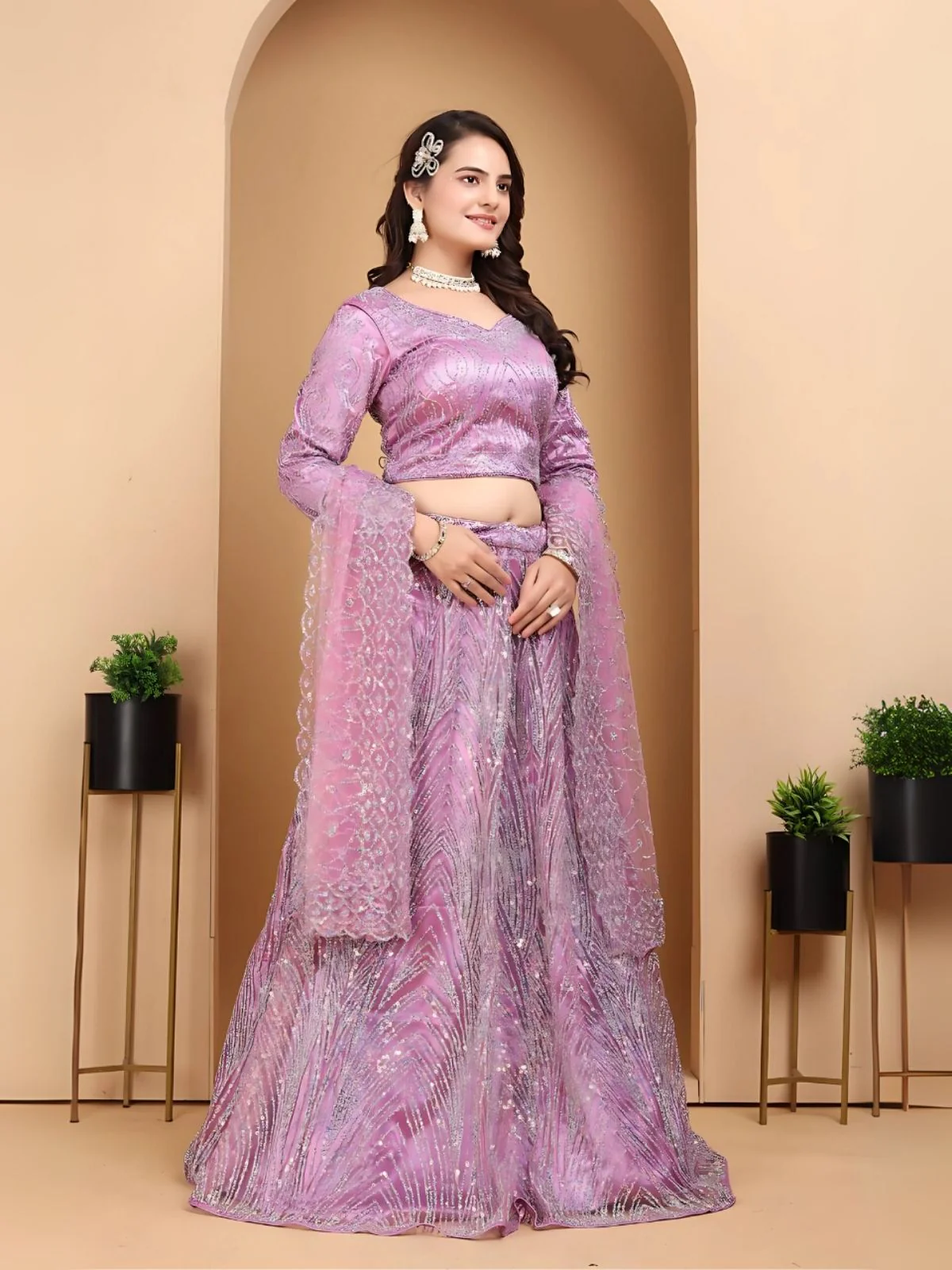 Odette Lavender Net Embellished Semi-Stitched lehenga For Women - Image 2