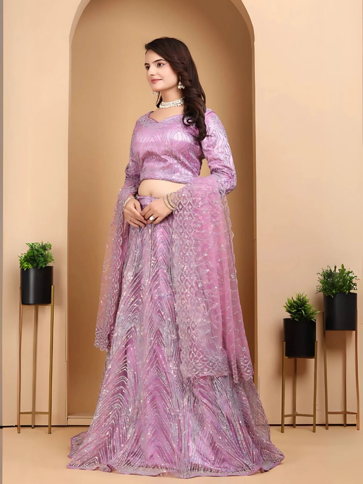 Odette Lavender Net Embellished Semi-Stitched lehenga For Women - Image 3