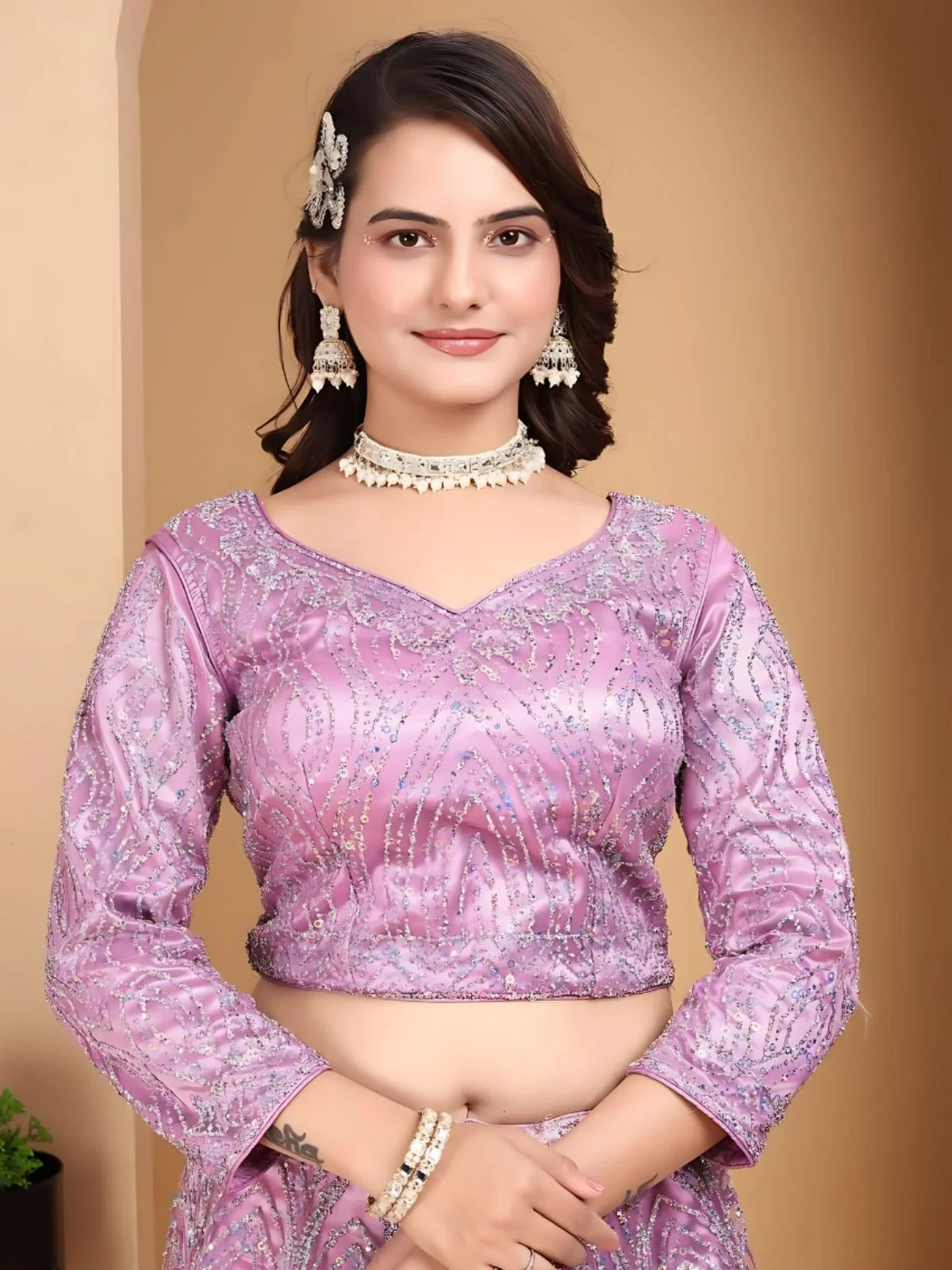 Odette Lavender Net Embellished Semi-Stitched lehenga For Women - Image 4