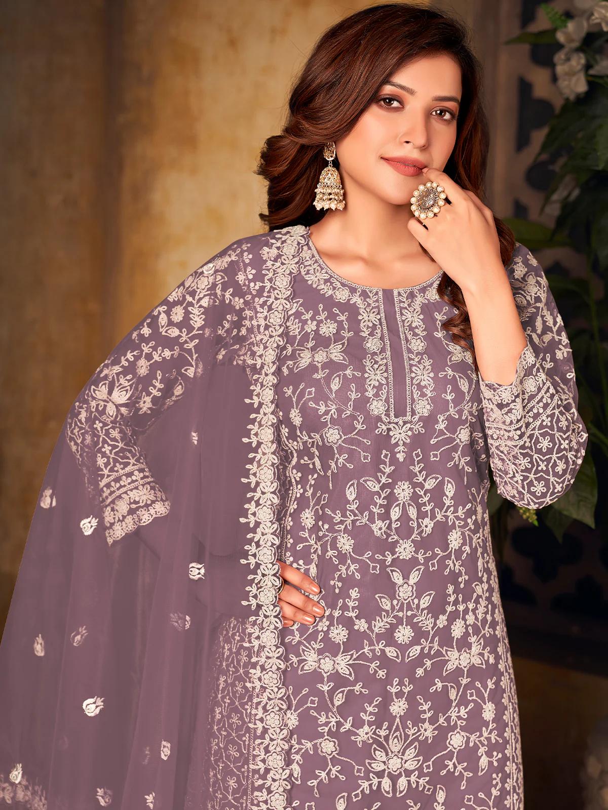 Odette Light Purple Net Embroidered Semi stitched Kurta Set with Inner For Women - Image 3