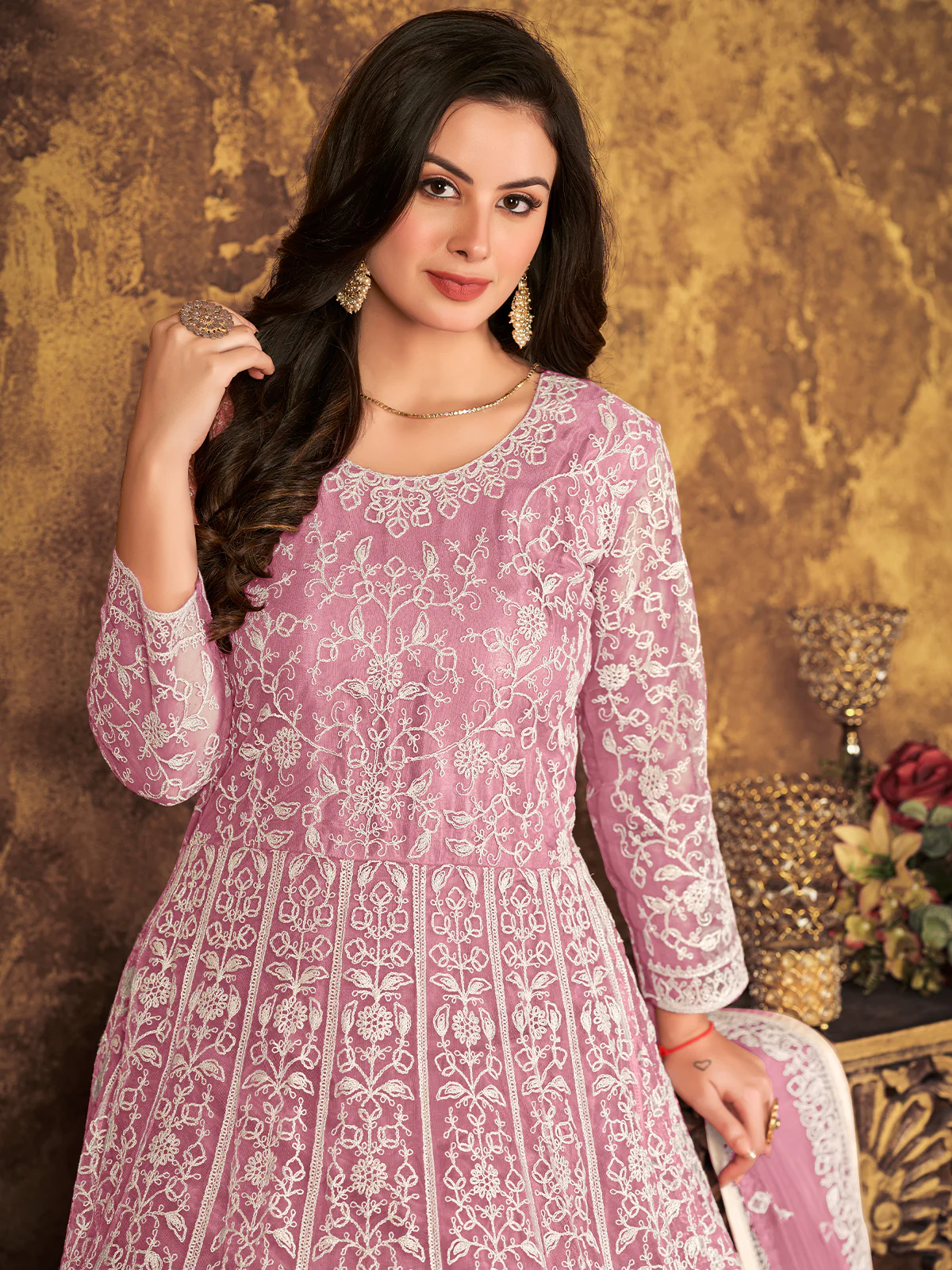 Odette Light Purple Net Embroidered Semi stitched Kurta Set with Inner For Women - Image 4