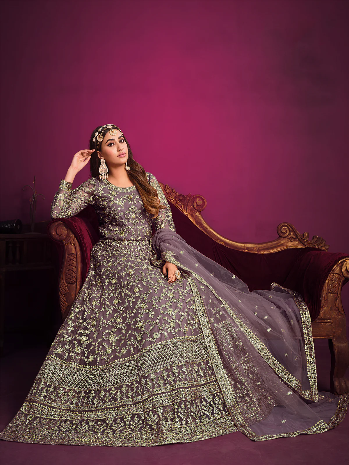 Odette Light Purple Net Embroidered Semi stitched Kurta Set With Inner For Women - Image 2