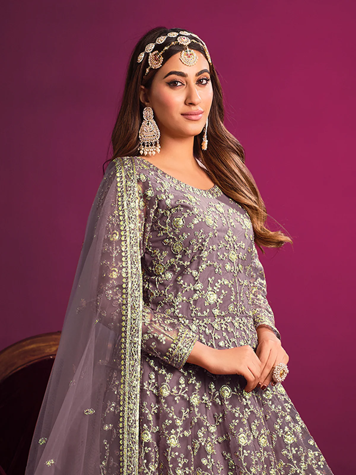 Odette Light Purple Net Embroidered Semi stitched Kurta Set With Inner For Women - Image 4