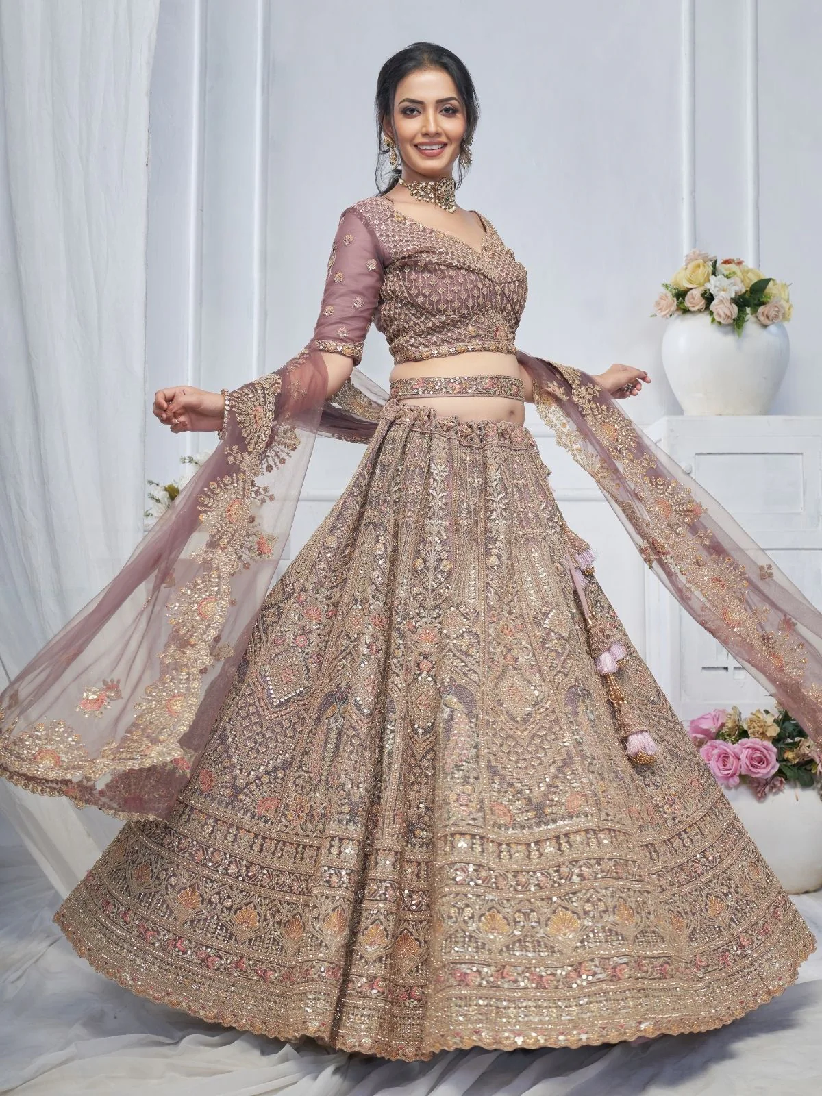 Odette Light Purple Soft Net Embroidered Semi-Stitched Lehenga With Unstitched Blouse For Women - Image 3