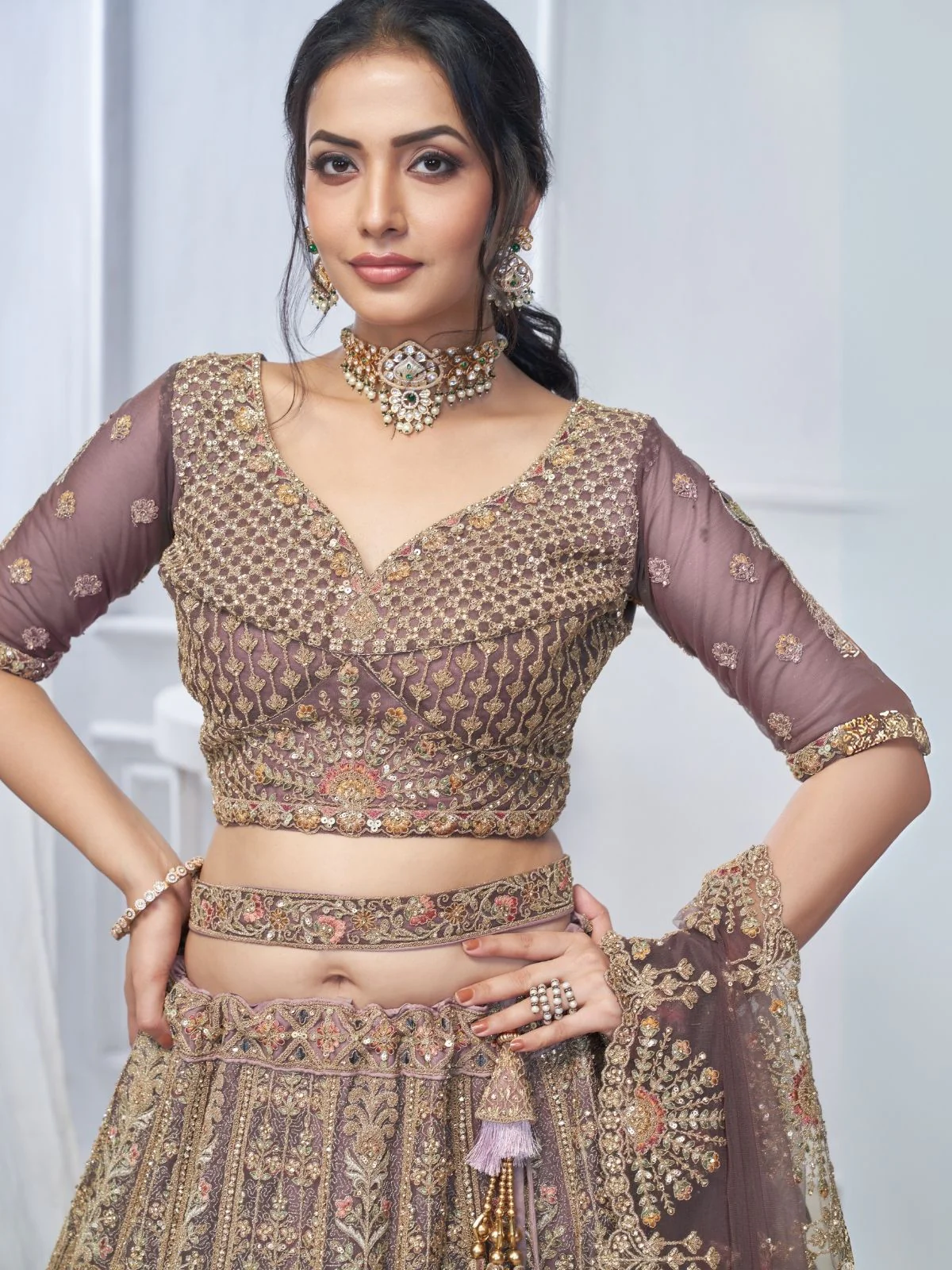 Odette Light Purple Soft Net Embroidered Semi-Stitched Lehenga With Unstitched Blouse For Women - Image 5