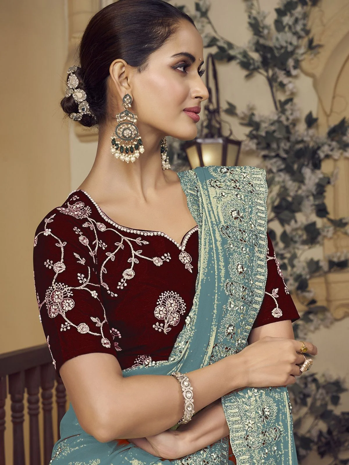 Odette Light Teal Georgette Embroidered Elegant Saree For Women - Image 2