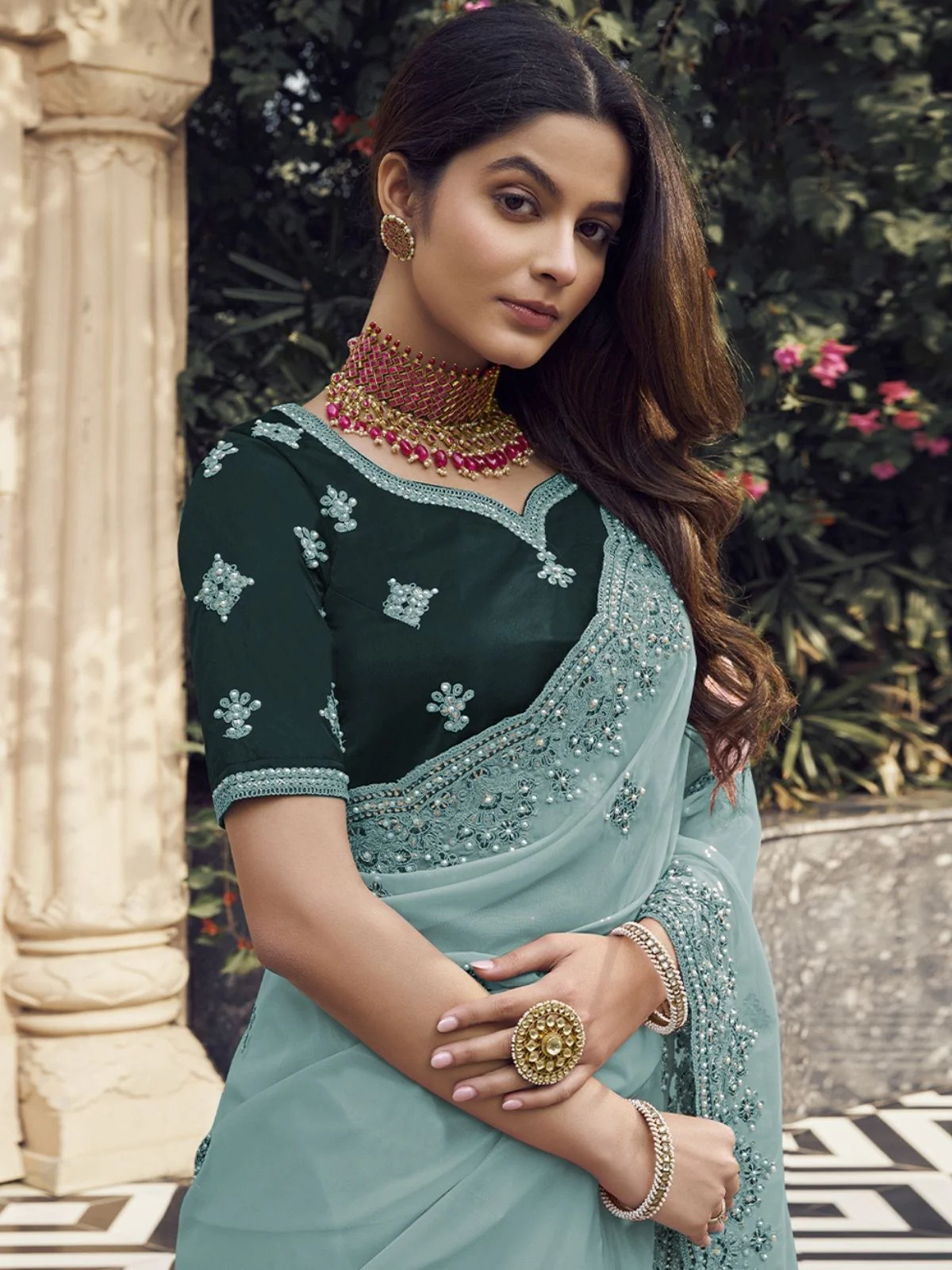 Odette Light Teal Georgette Embroidered Elegant Saree For Women - Image 2
