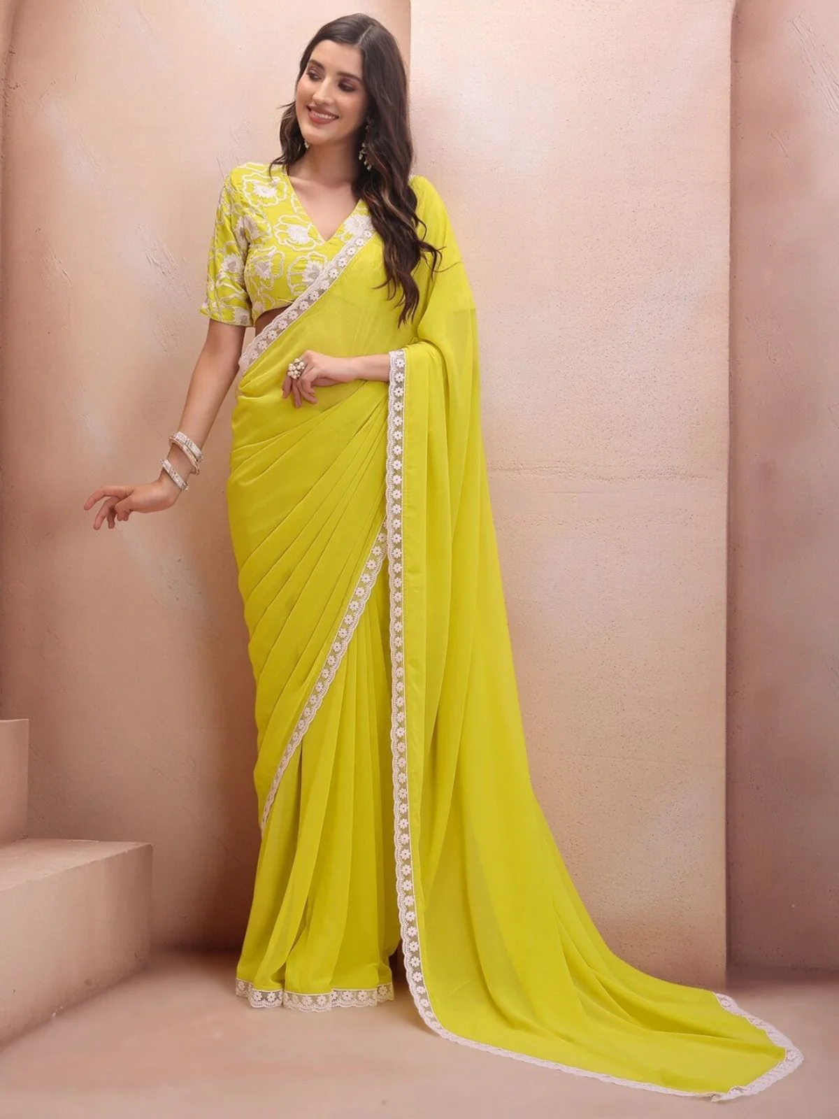 Odette Light Yellow Georgette Embroidered Saree For Women - Image 2