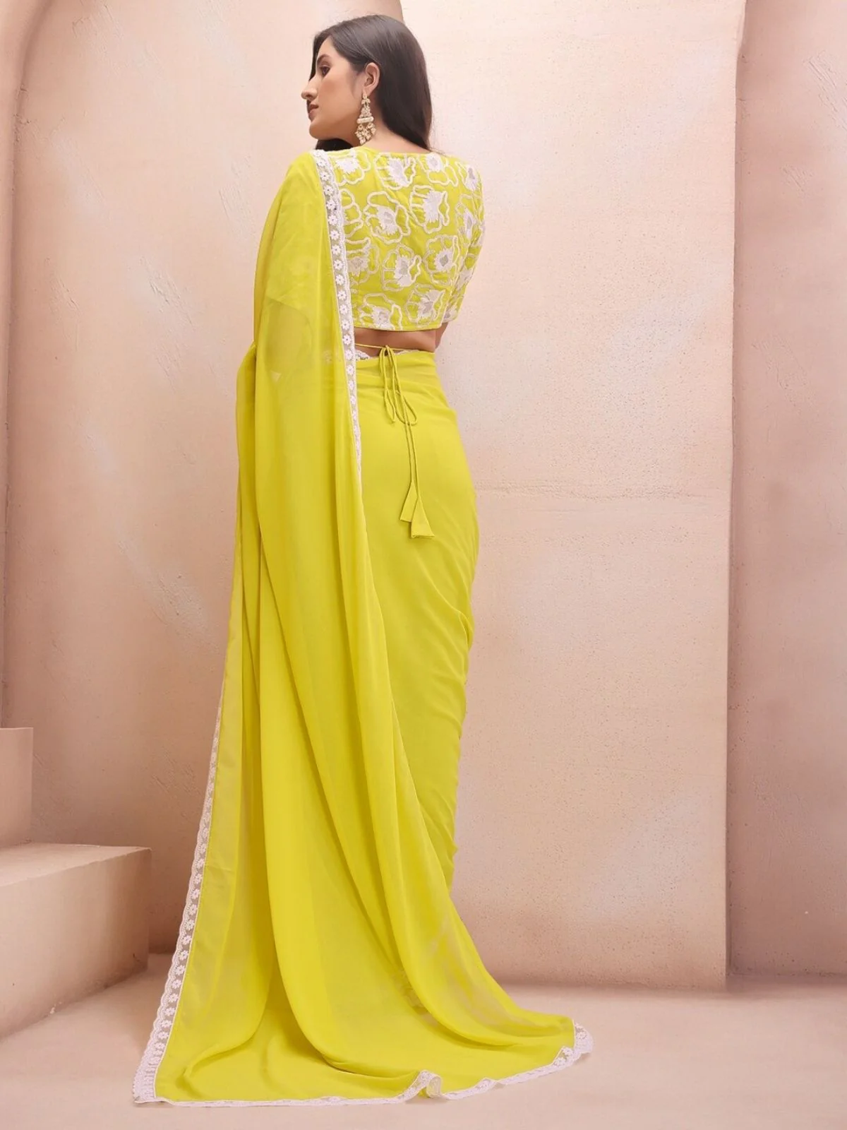 Odette Light Yellow Georgette Embroidered Saree For Women - Image 3