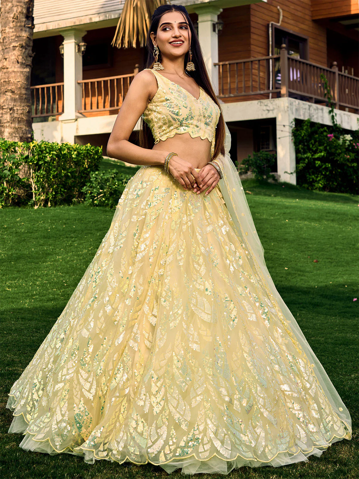 Odette Light Yellow Soft Net Embellished Semi Stitched Lehenga With Unstitched Blouse For Women - Image 2