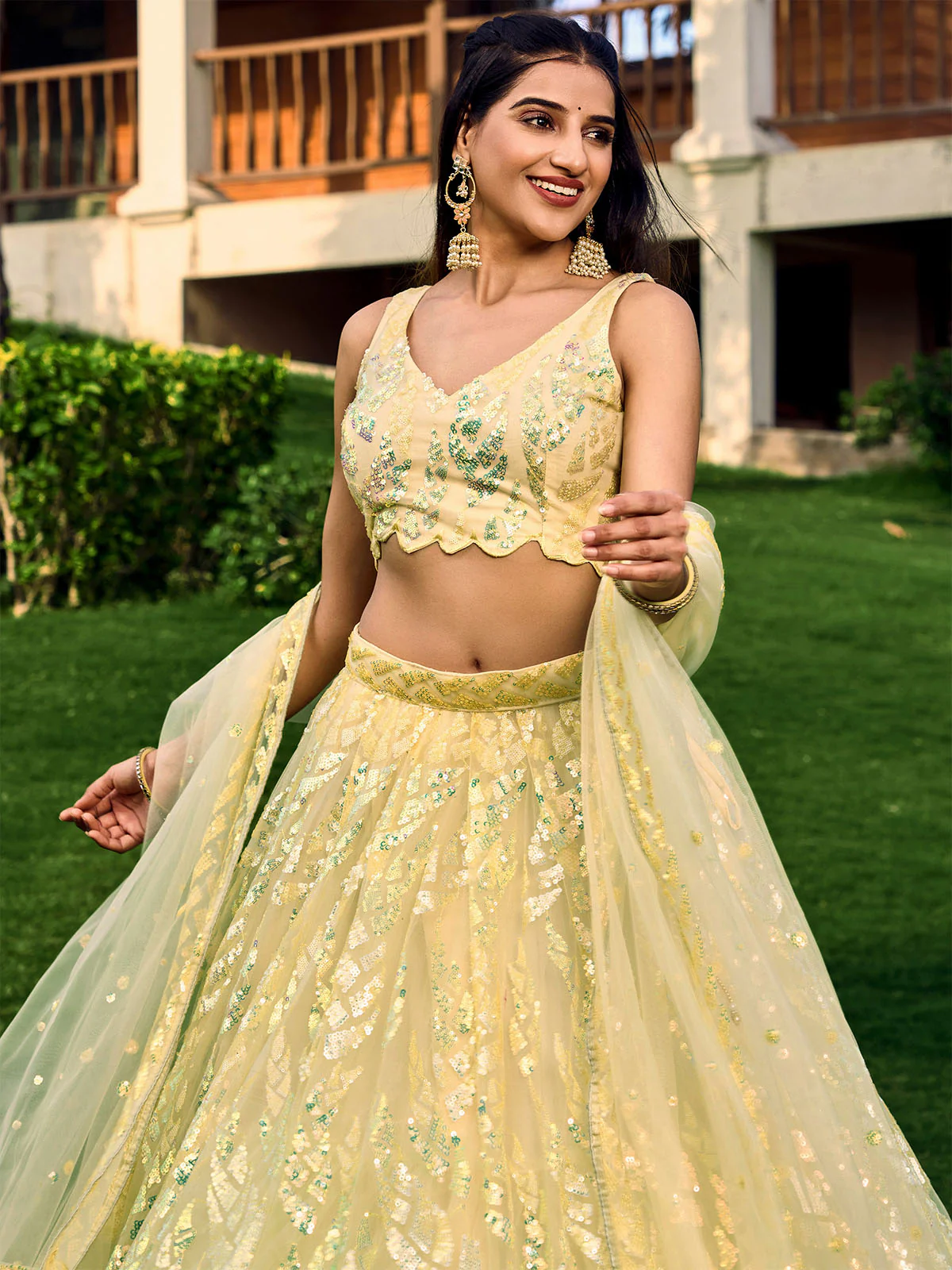 Odette Light Yellow Soft Net Embellished Semi Stitched Lehenga With Unstitched Blouse For Women - Image 5