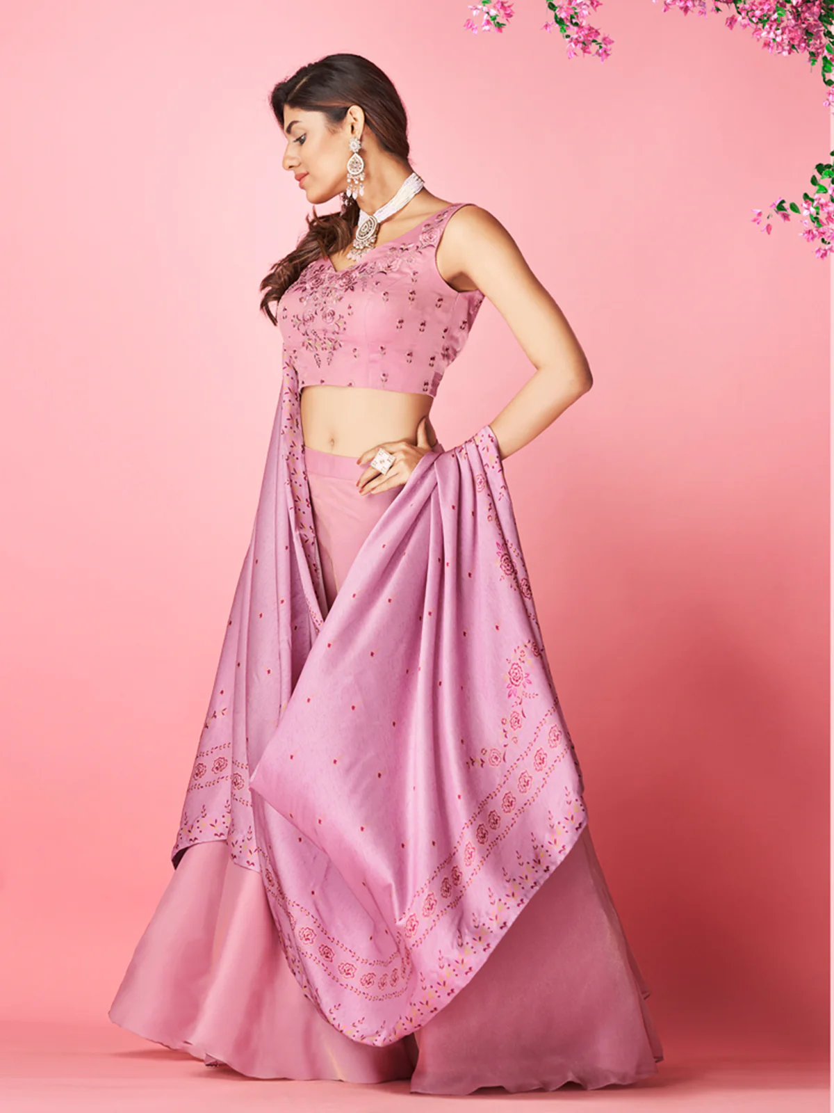 Odette Lilac Chiffon Embellished Stitched Semi Stitched Lehenga With Unstitched Blouse For Women - Image 2