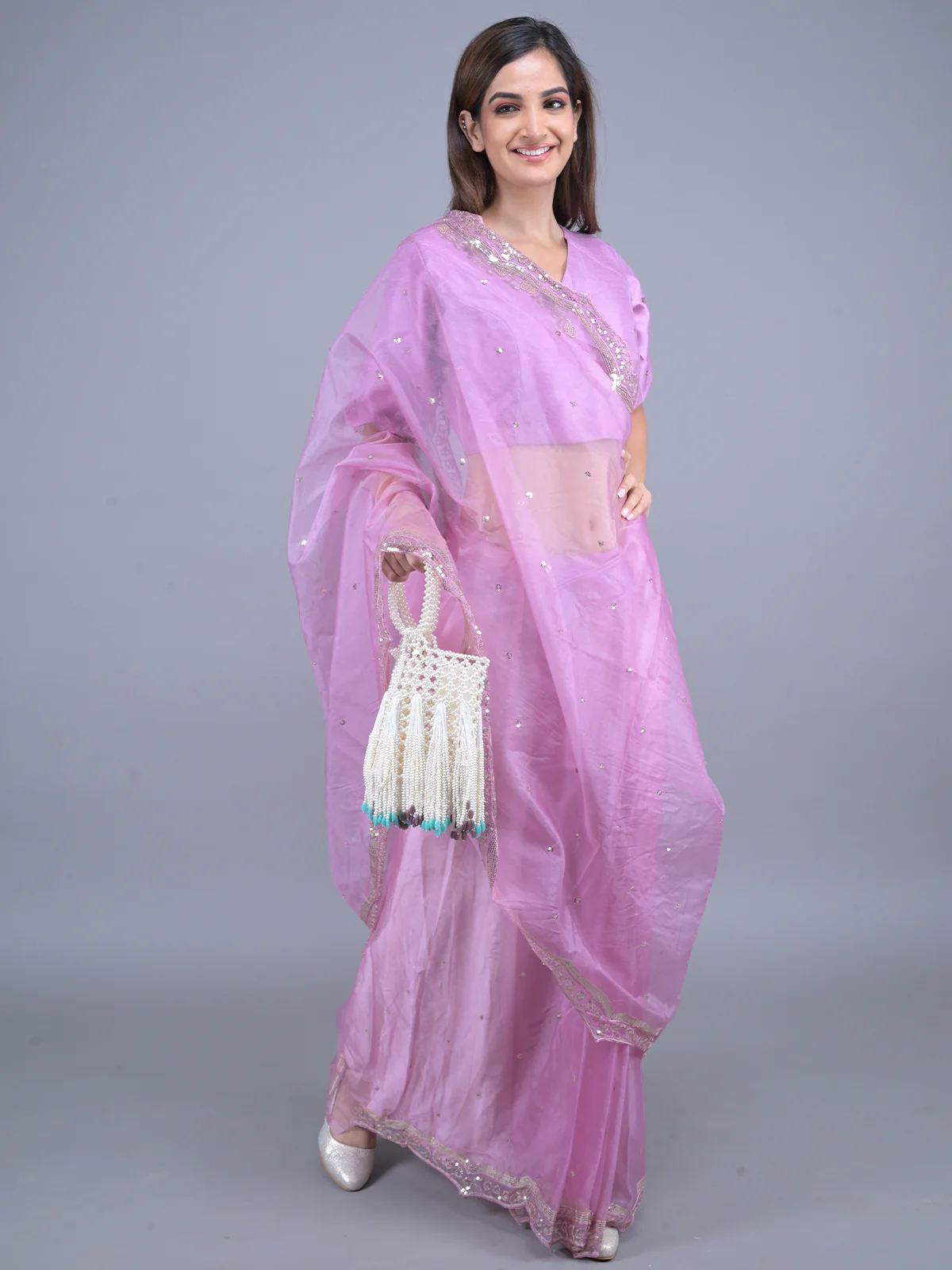 Odette Lilac Embroidered Organza Saree with Unstitched Blouse for Women - Image 2