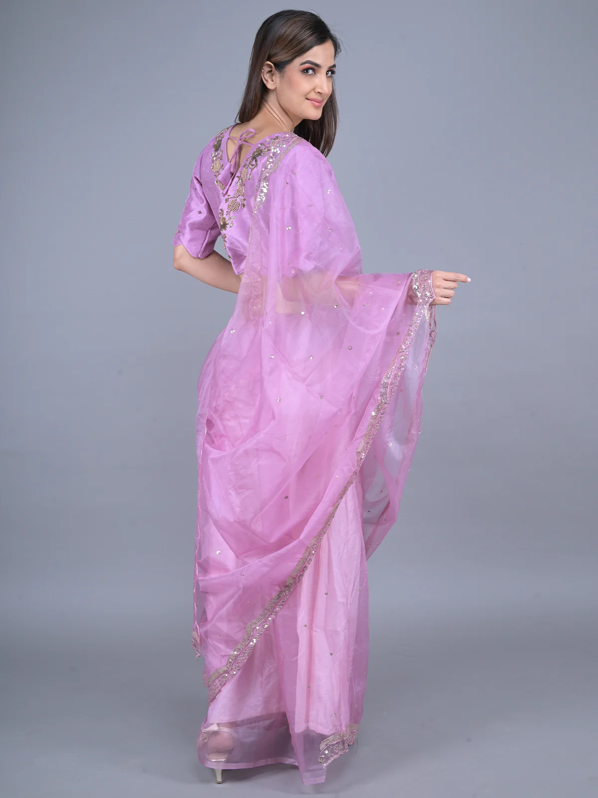 Odette Lilac Embroidered Organza Saree with Unstitched Blouse for Women - Image 3