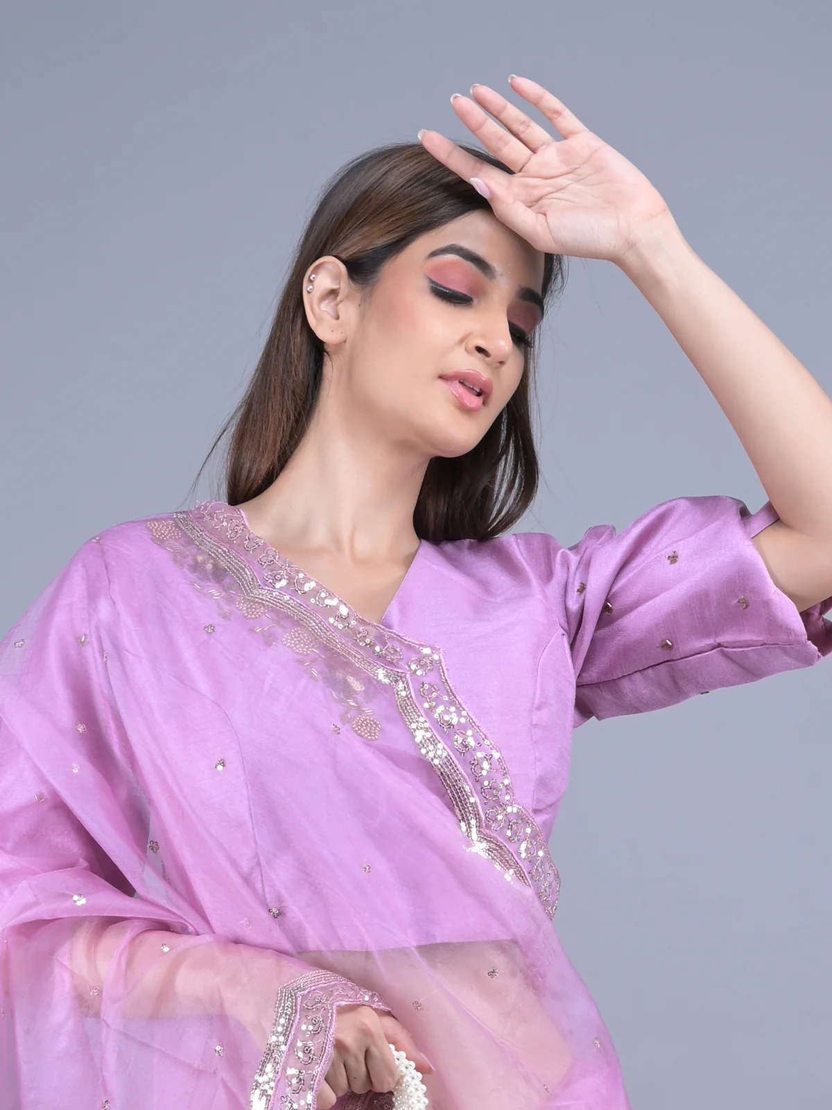 Odette Lilac Embroidered Organza Saree with Unstitched Blouse for Women - Image 4