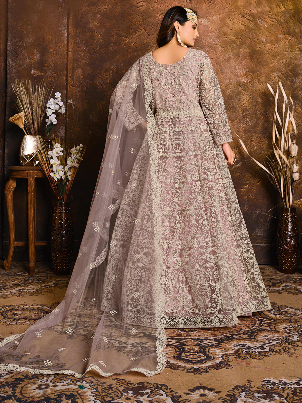 Odette Lilac Net Embroidered Semi stitched Kurta Set with Inner For Women - Image 2