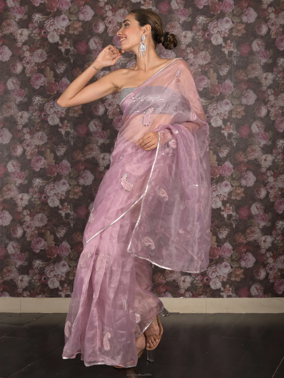 Odette Lilac Organza Embroidered Saree Without Blouse For Women - Image 3