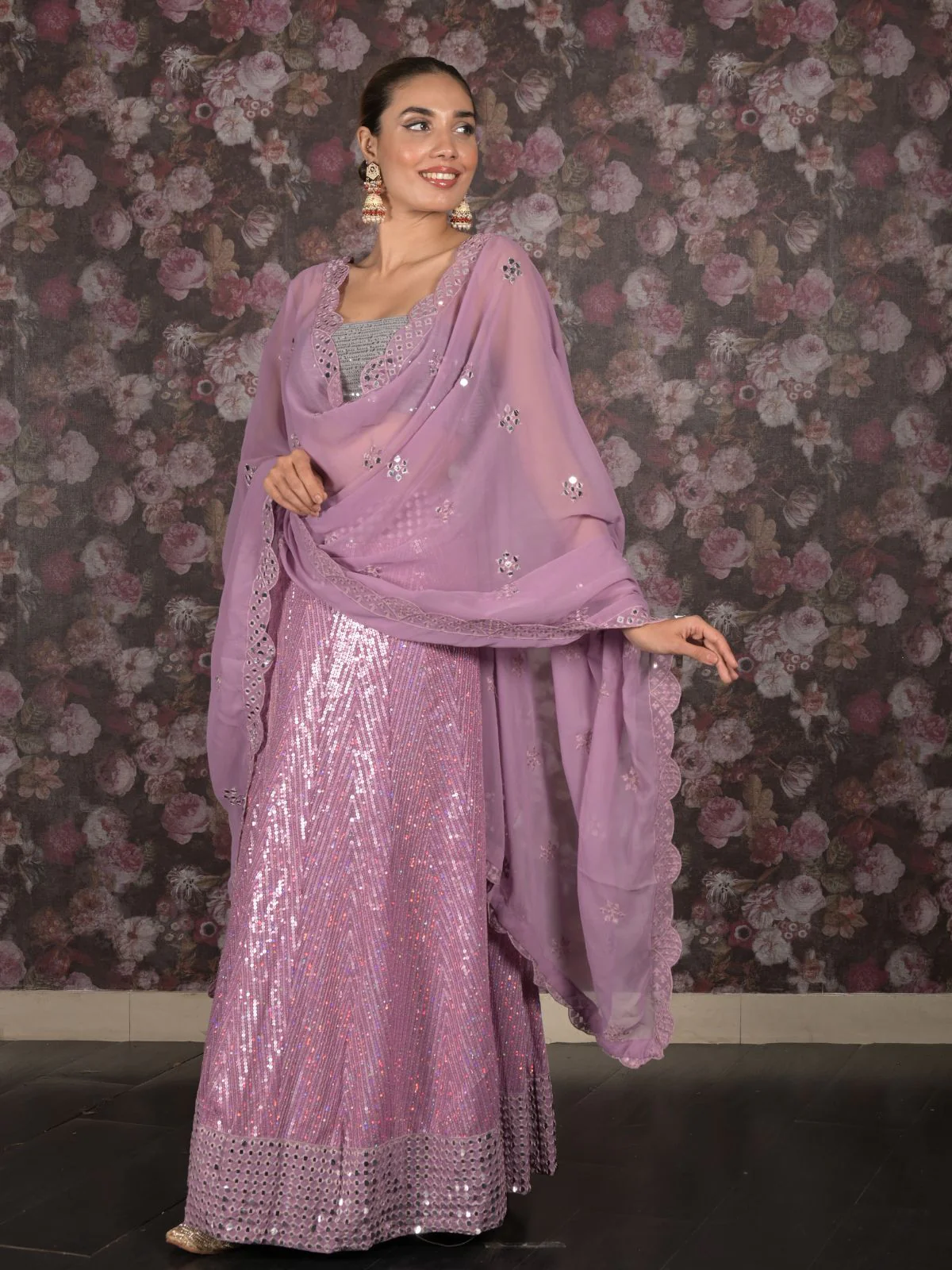 Odette Lilac Sequins and Faux Mirror Embroidered Semi-Stitched Georgette Lehenga with Unstitched Blouse for Women - Image 2